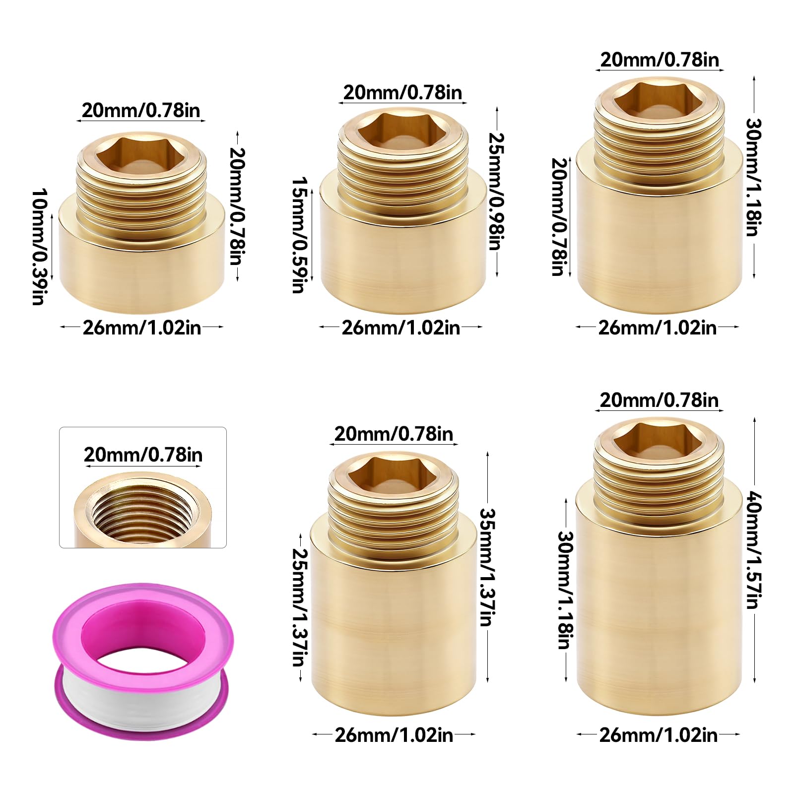 5 Stk Hahnverlängerung 1/2 Zoll Messing Wasserhahn Verlängerung | 1/2 " Messing Verlängerungen, Länge: 10MM / 15MM / 20MM / 25MM / 30MM, DN15 Gewindeverlängerung, Mit 1 Rolle Dichtungsband