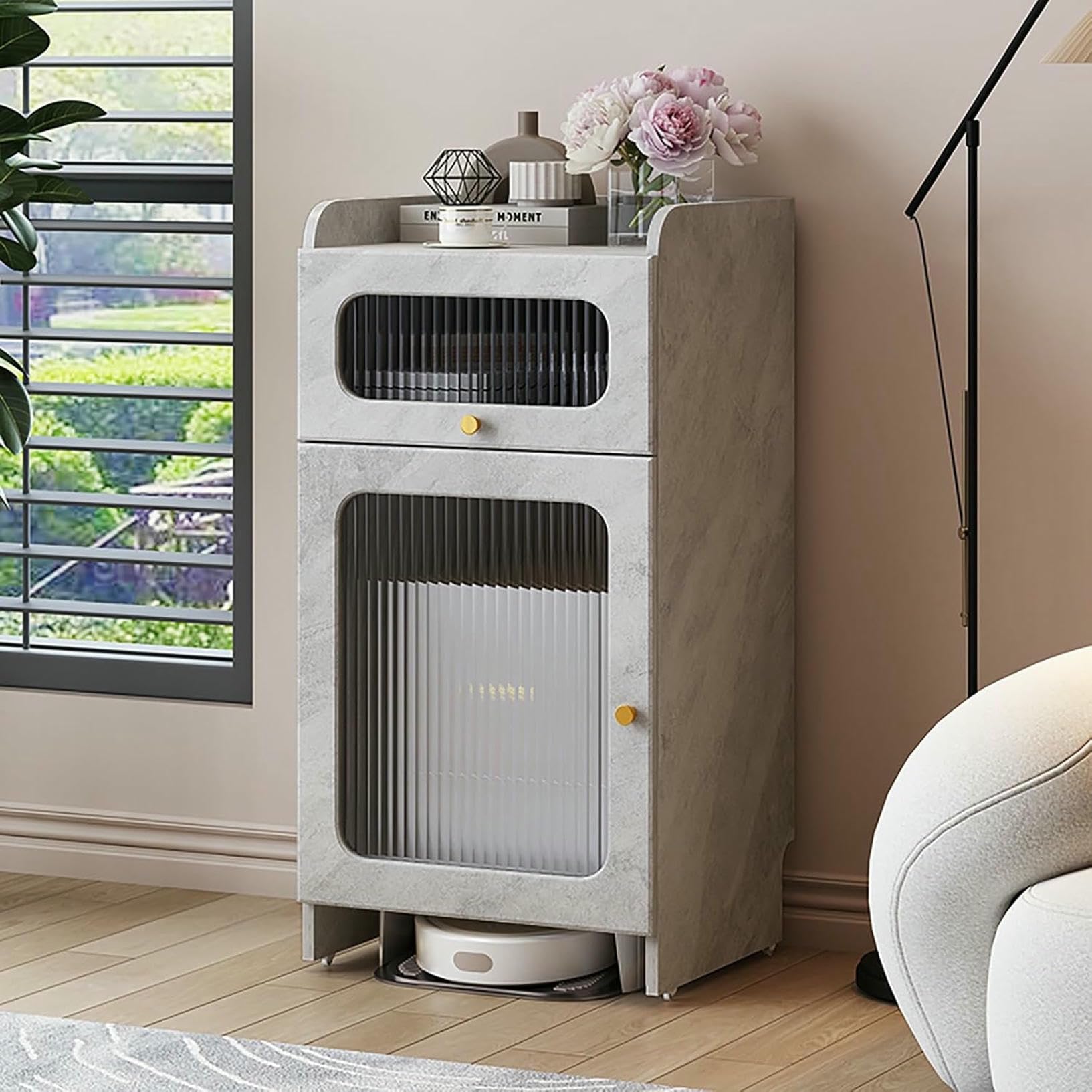 Mesa auxiliar para robot aspirador con armario de vidrio templado y estante para salon