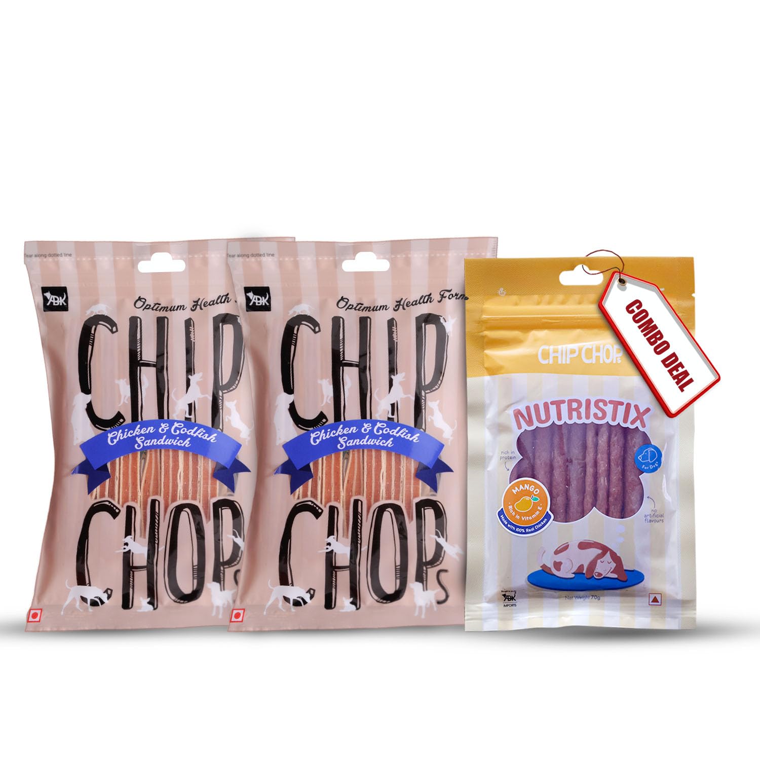 Chip Chops Dog Treat Combo (2 Pack of Chicken & Codfish Sandwich, 70 gm and 1 Pack of Mango Flavour Nutristix, 70 gm) - Protein Rich Snacks for All Dog Breeds (B0C89QP753) Amazon Price History, Amazon Price Tracker