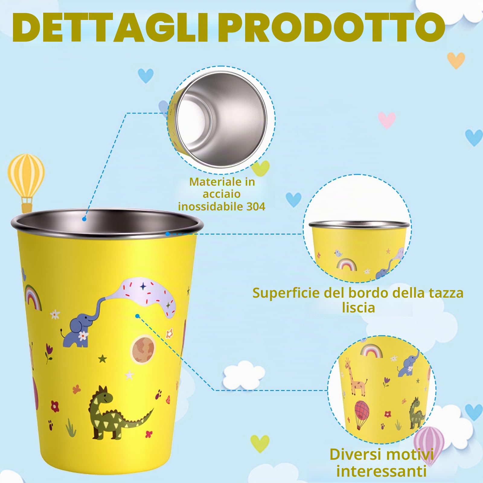 Hejo Set di 4 Tazze in Acciaio Inox per Bambini, Impilabile Tazza campeggio 350 ml, Riutilizzabili, Tazze infrangibili per bambini e bambine, per Picnic, Viaggi, Barbecue, Escursioni
