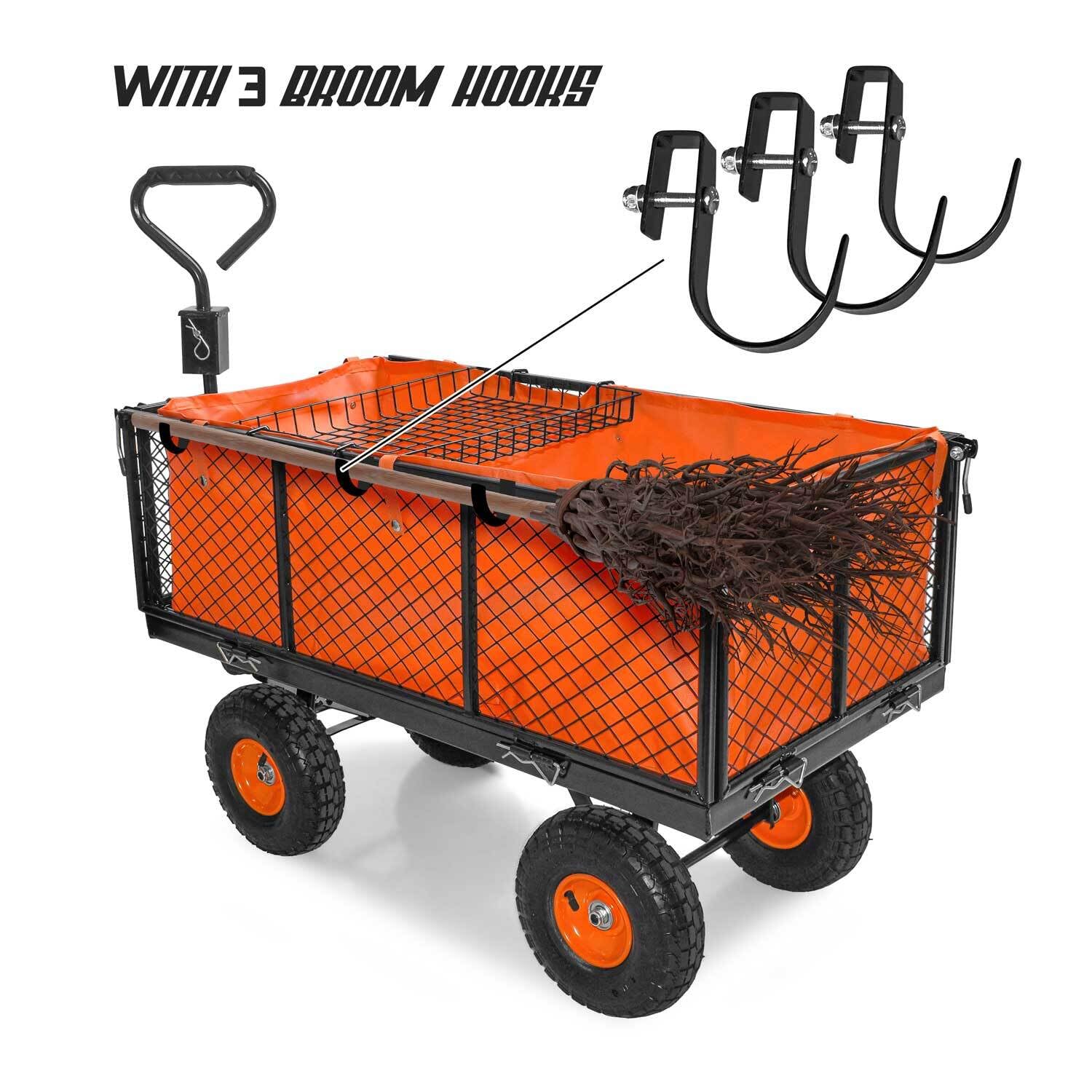 BOUDECH® Carrello da giardino porta attrezzi con rimorchio a spinta in metallo inossidabile, telone impermeabile e griglia - Carriola da giardino a 4 ruote (550Kg)