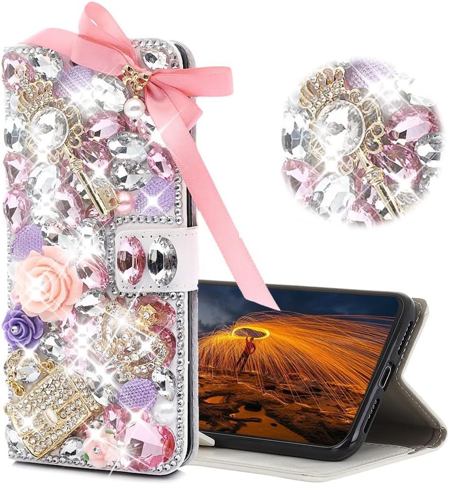 Glitter Wallet Case Compatible with Moto G Power 5G 2024-3D Luxury Girls Women Shiny Bling Handcrafted Leather Protective Cover with Screen Protector (2 Pack) - Pink Bowknot Crown Bag