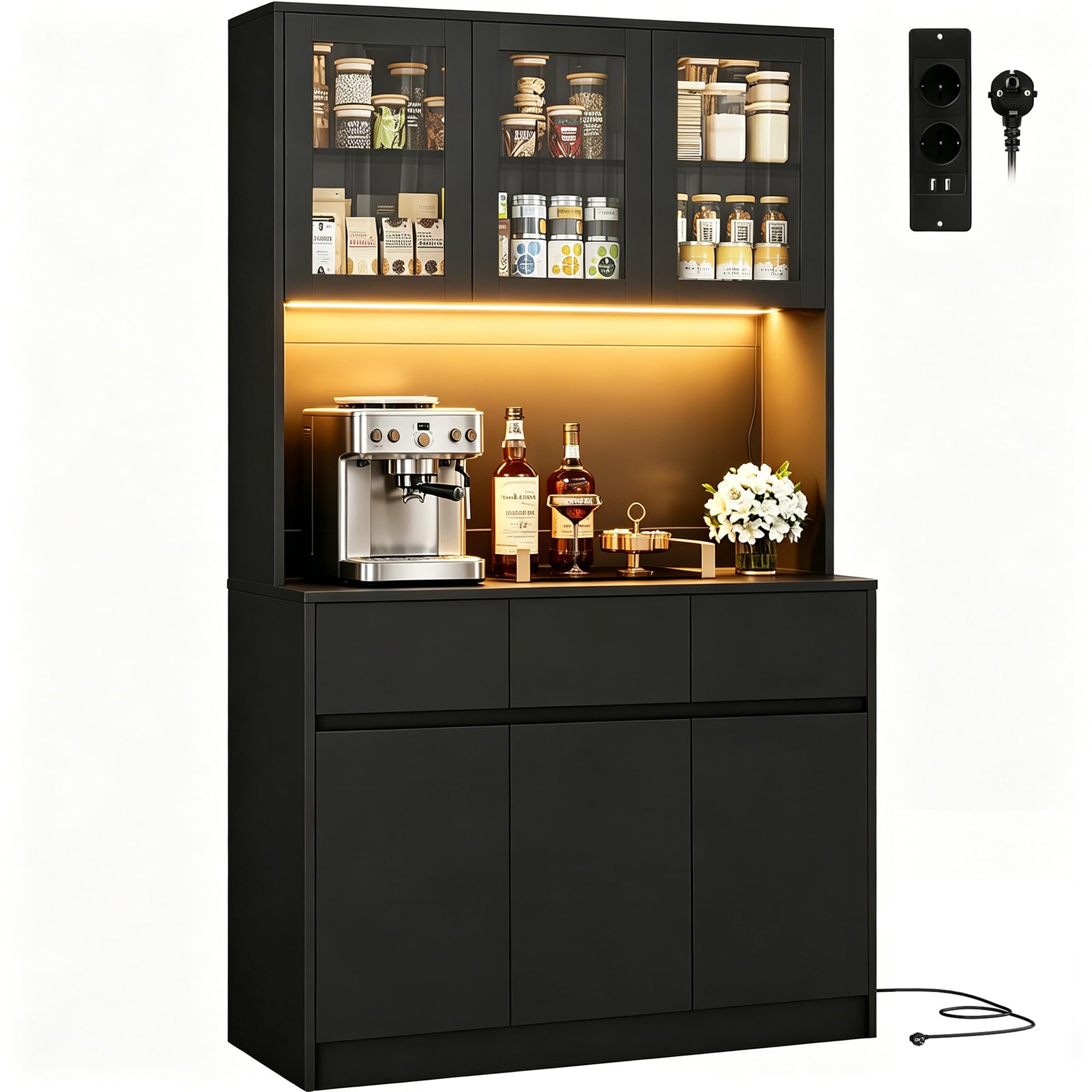 Küchenschrank Buffetschrank mit L-E-D Sideboard für Küche mit Ladestation,Hochschrank mit Arbeitsplatte und 3 Schubladen Küchenbuffet mit Verstellbares Regal für Esszimmer
