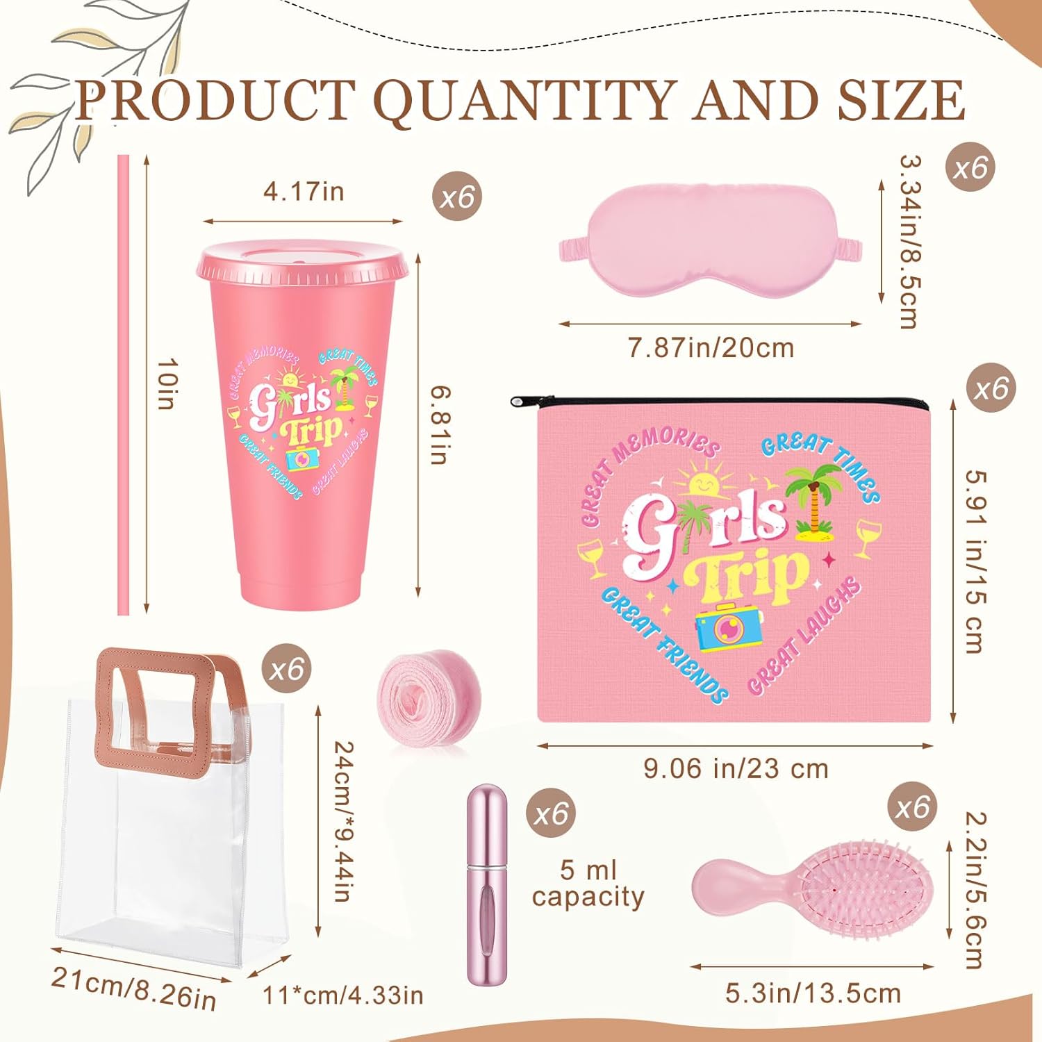 LemonRoad 6 Set/37 Pcs Girls Trip Gifts Favors, Girls Weekend Gifts Include Straw Cups Eye Masks Perfume Travel Bottles Cosmetic Bags Combs for Women Travel Friendship Wedding Bachelorette Party