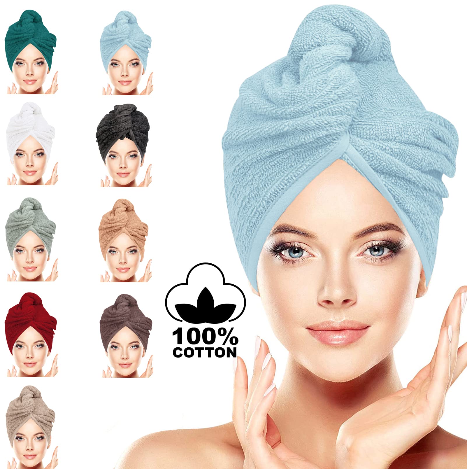 BAVIN LUXURY Hair Towel Wrap 100% Cotton, Instant Drying Lightweight Turban Hair Cap Super Quick Absorbent Anti-Frizz Twist Dry Hat with Button Loop for Long Curly Hairs Light Blue Pack of 2