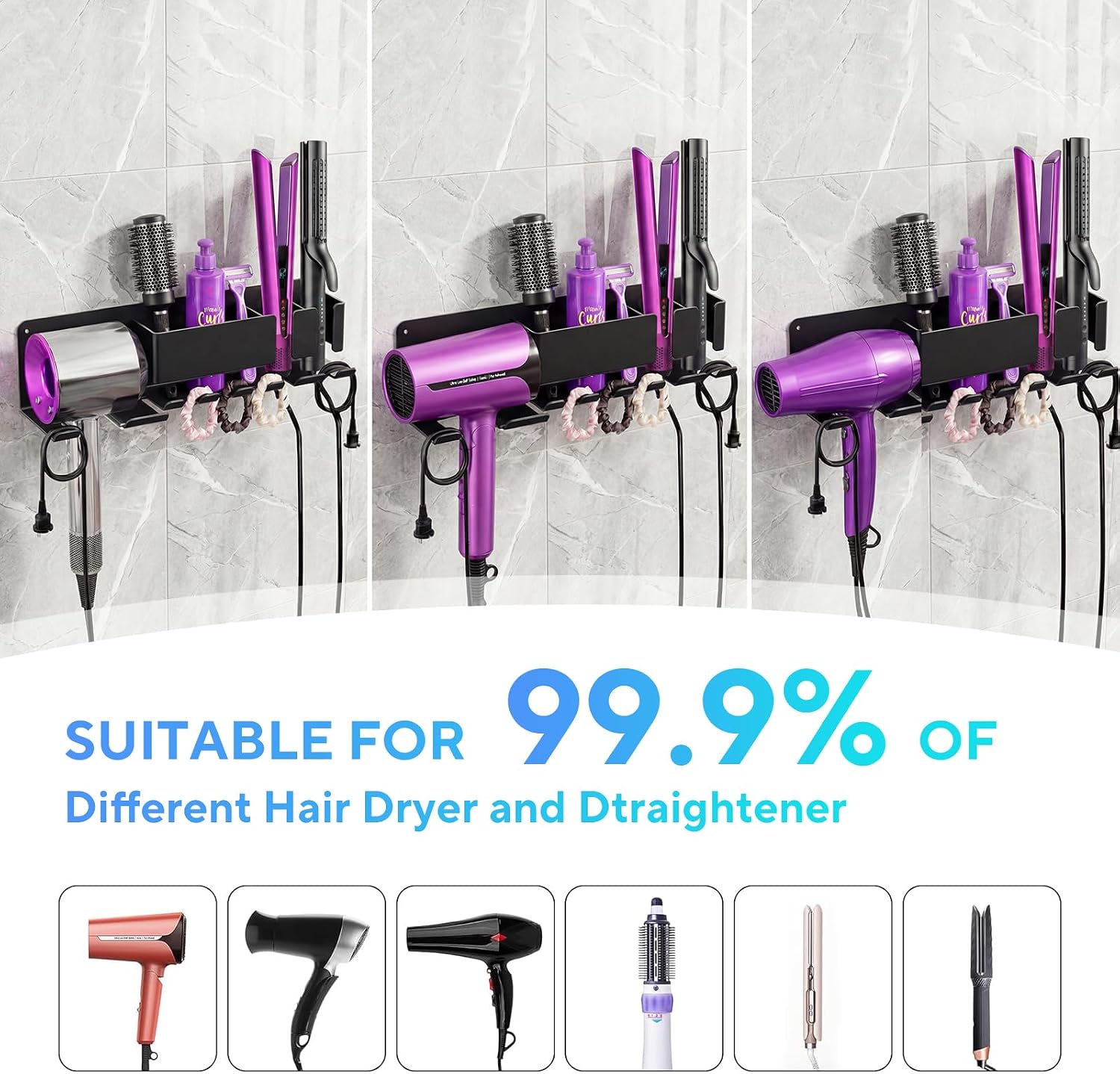 Hair Dryer Holder Wall Mounted, Blow Dryer Holder, Metal Hair Tool Organizer, Curling Iron, Straightener Holder, Hair Accessories Tools Organizer Storage for Bathroom（Black）