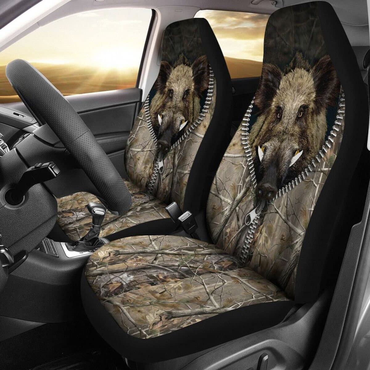 2 Pièces Housses De Siège Chasse Au Sanglier en Fond De Camouflage À Fermeture Éclair Protecteur De Voiture Couvre Antidérapant Car Seat Cover 52X138Cm pour Vehicles, Trucks, Sedans