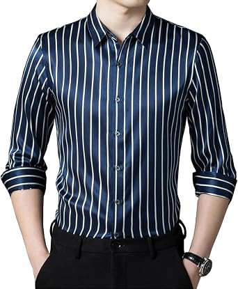 Mens Button Down Shirts, Pinstripes Business Mulberry Silk Long Sleeve Elegant Office Formal Shirt Blouse
