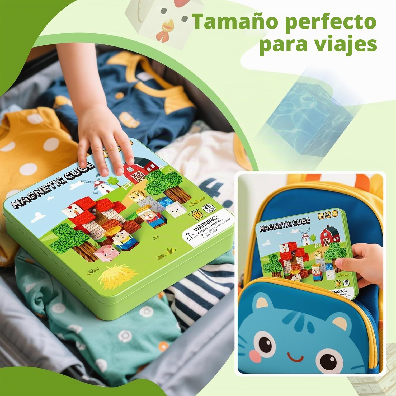 Juego de Juguetes de Viaje de Bloques magnéticos, Cubo de construcción magnético de 49 Piezas, Juguete de Viaje para niños a Partir de 3 años (Tema Granja)