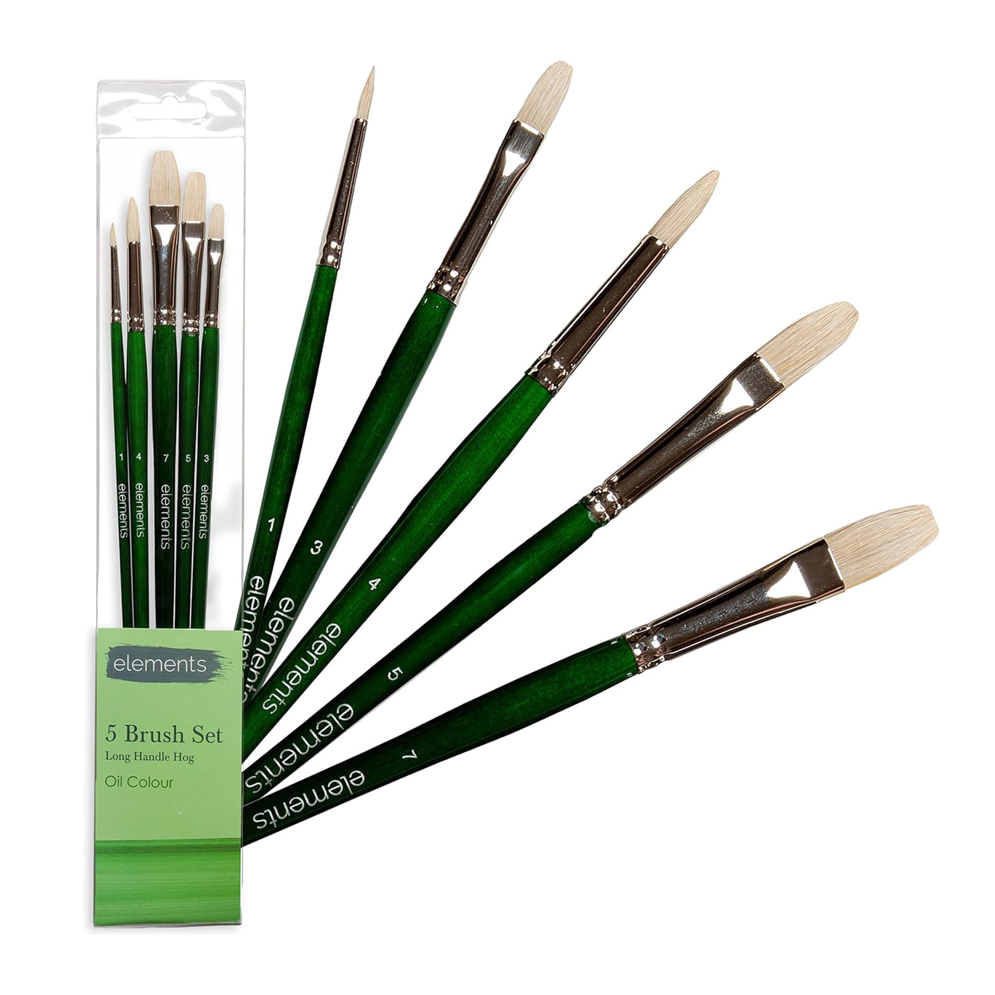 Elements 5-Piece Oil Paint Brush Set | Quality Hog Bristles & Long Handle | Includes Round, Pointed & Filbert Brushes | Ideal for Beginners, Students & Professional Artists | Paint Brush Set