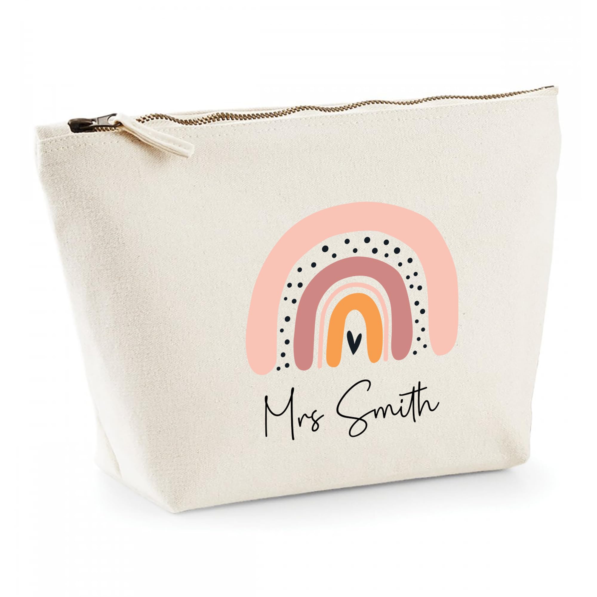 Personalised Teacher Gift - Custom Name Pencil Case with Boho Rainbow Design - Neutral Canvas Zip Pouch for End of Term Thank You - Nursery, SEN or School Staff Present