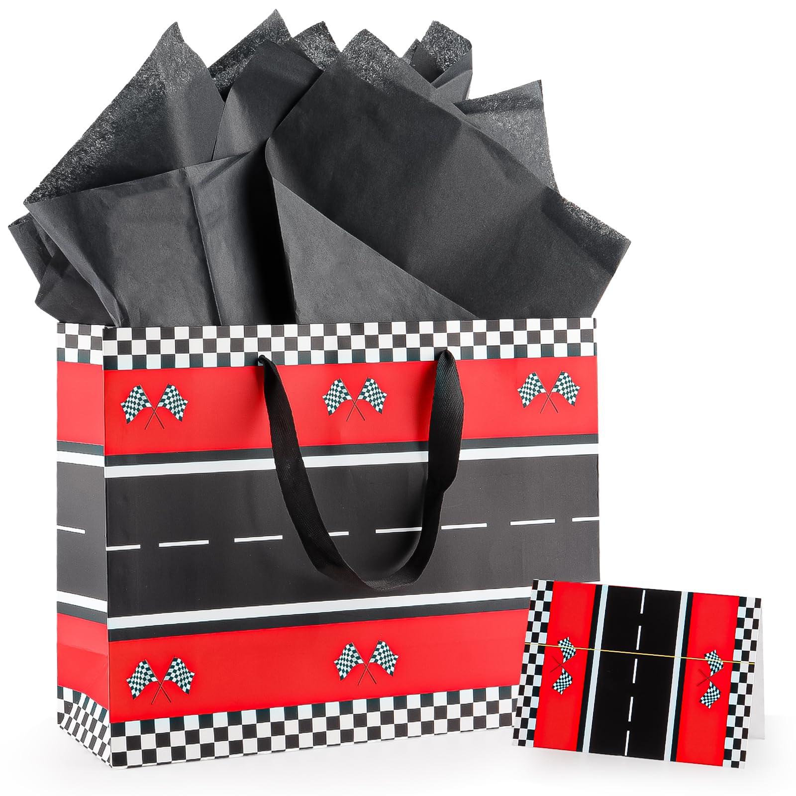 13" Racing Car Gift Bags with Tissue Paper and Greeting Card, Black White Checkered Wrapping Paper Hot Racing Car Themed Party Decoration for Girl Boy Kids Birthday Candy Treat Bag Party Supplies