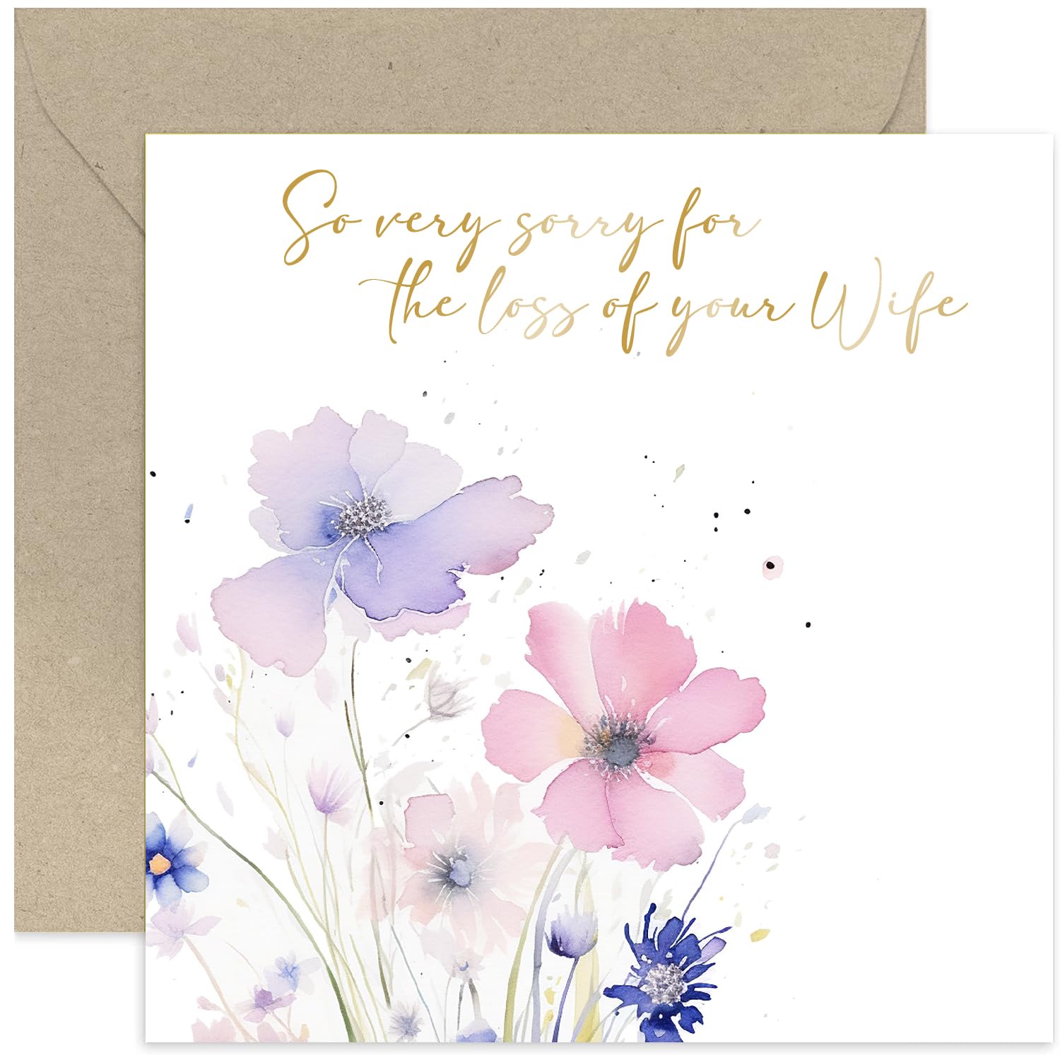 Beileidskarte ‚So Very Sorry For The Loss Of Your Wife‘ – Florales Aquarell-Design, Innen Blanko