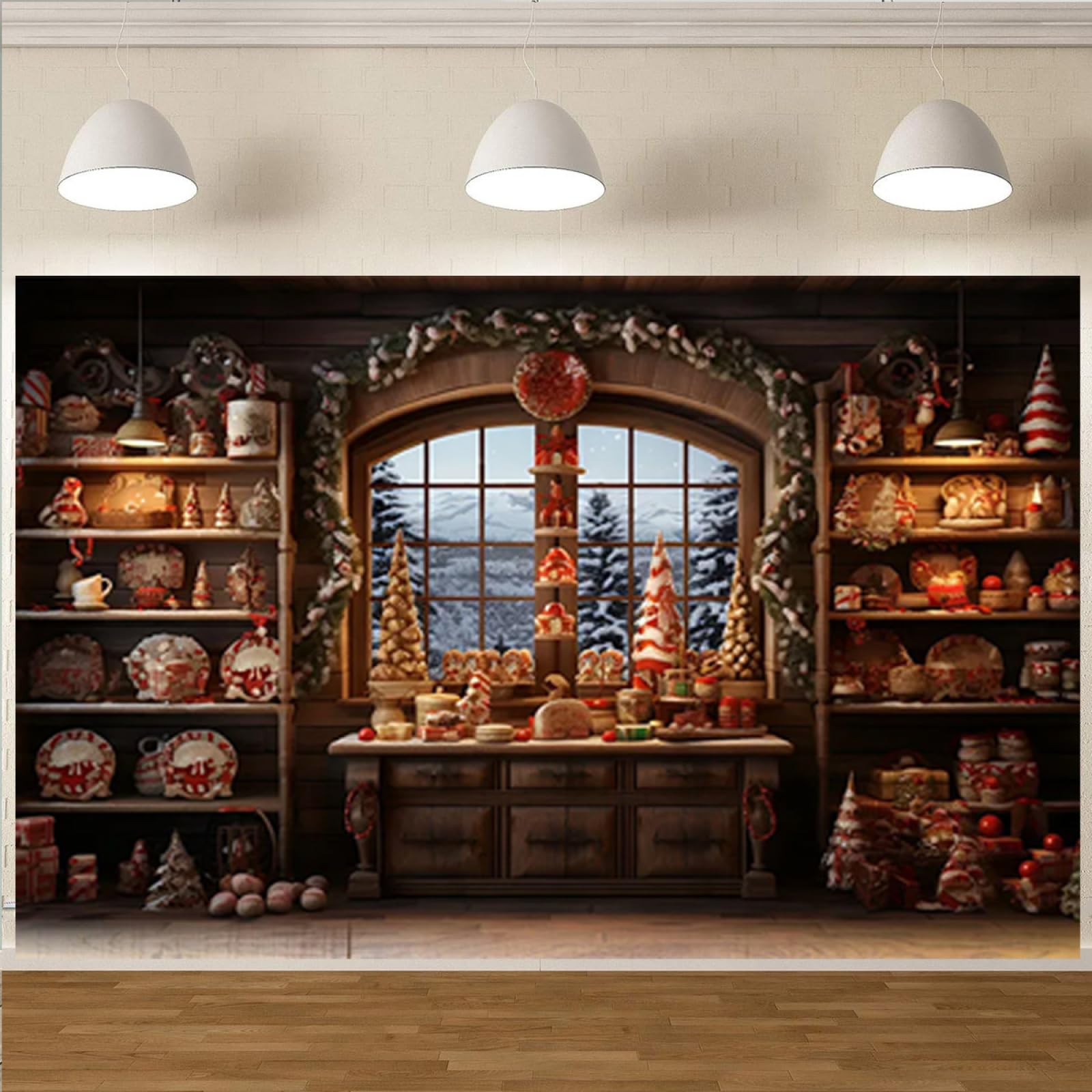 Christmas Kitchen Candy Hot Cocoa Shop Backdrop for Photoshoot, 5x3FT, Red and White, Vinyl