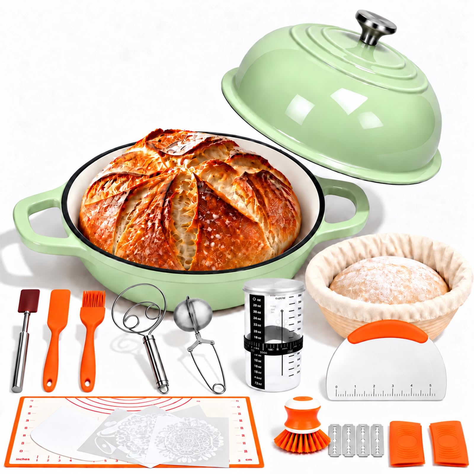 GFTIME Sourdough Baking Kit, 4.7L Enamelled Cast Iron Dutch Oven,24cm,Green