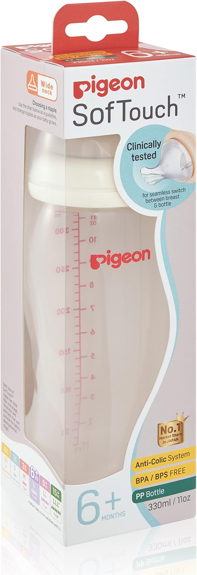 Pigeon Softouch Peristaltic Plus Wide Neck Nursing Plastic Bottle, 100% Silicone Nipple, Bpa & Bps Free, 330ml, Multicolor