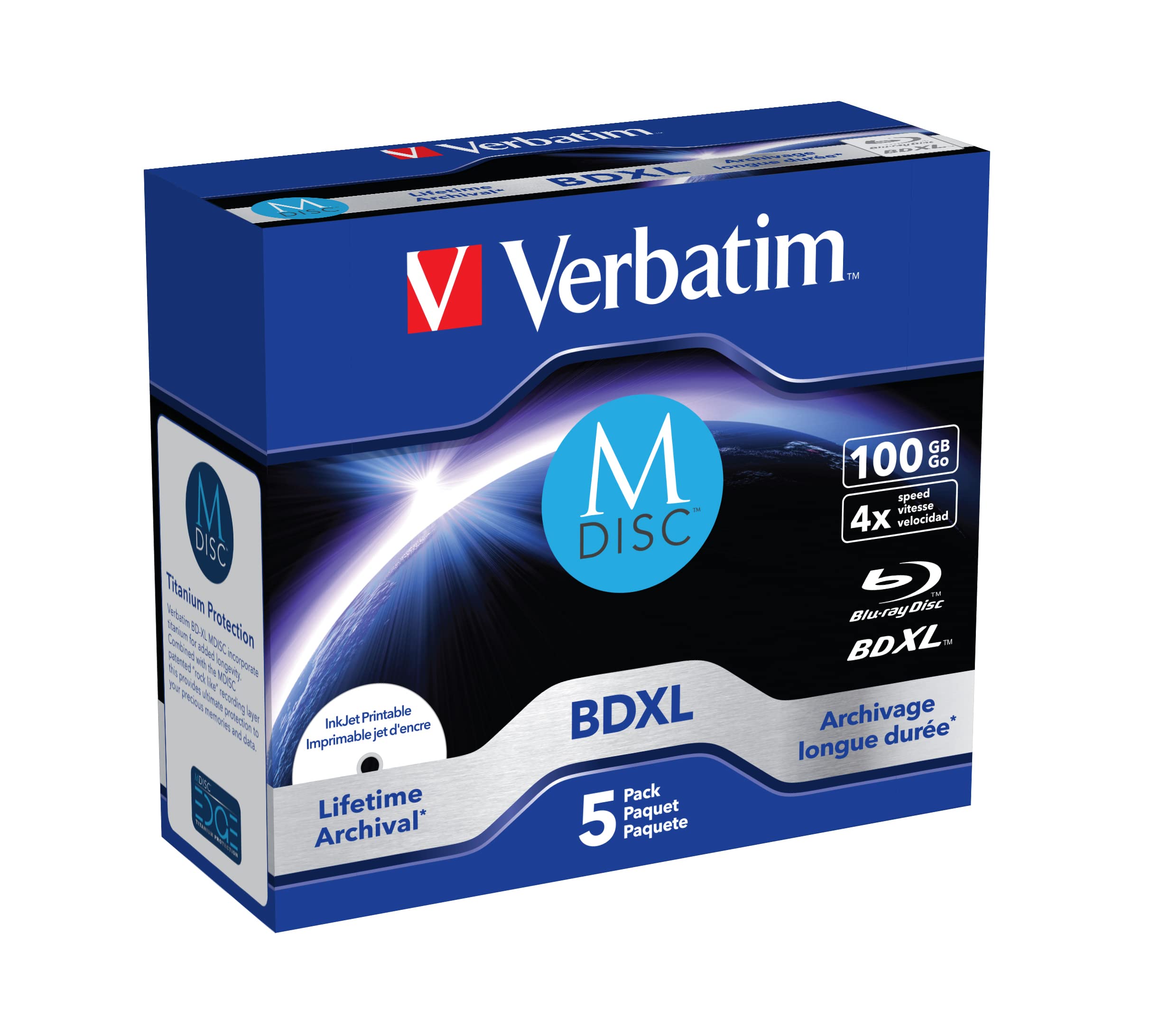 Verbatim M-Disc BD-R mit 100 GB - 4-fache Brenngeschwindigkeit - langlebige Blu-Ray Disc - 5 Stück