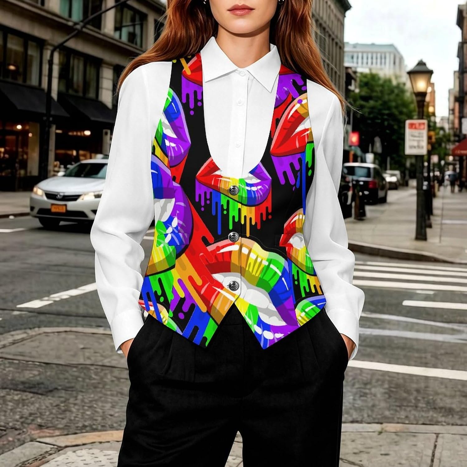 LGBT Gay Prides-Rainbow Lips Women's Suit Vest V Neck Button Down Waistcoat Jacket Business Casual Tops
