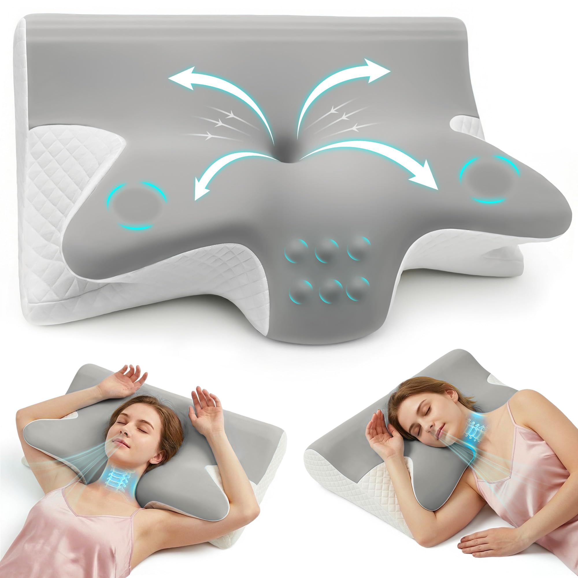 Rokehr Contour Cervical Memory Foam Pillow, Orthopaedic Ergonomic Pillow with Dual Heights 12cm & 14cm, Neck & Shoulder Cradling Cushion for Adult Side, Back & Stomach Sleepers