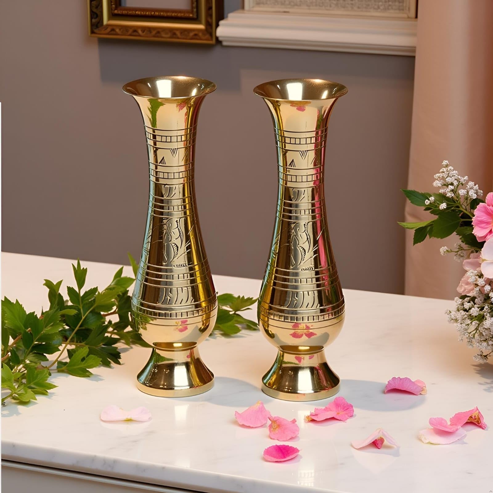 Decorative Brass Flower Vase, 20.3 cm, Hand-Engraved Traditional Design, Set of 2-image-17