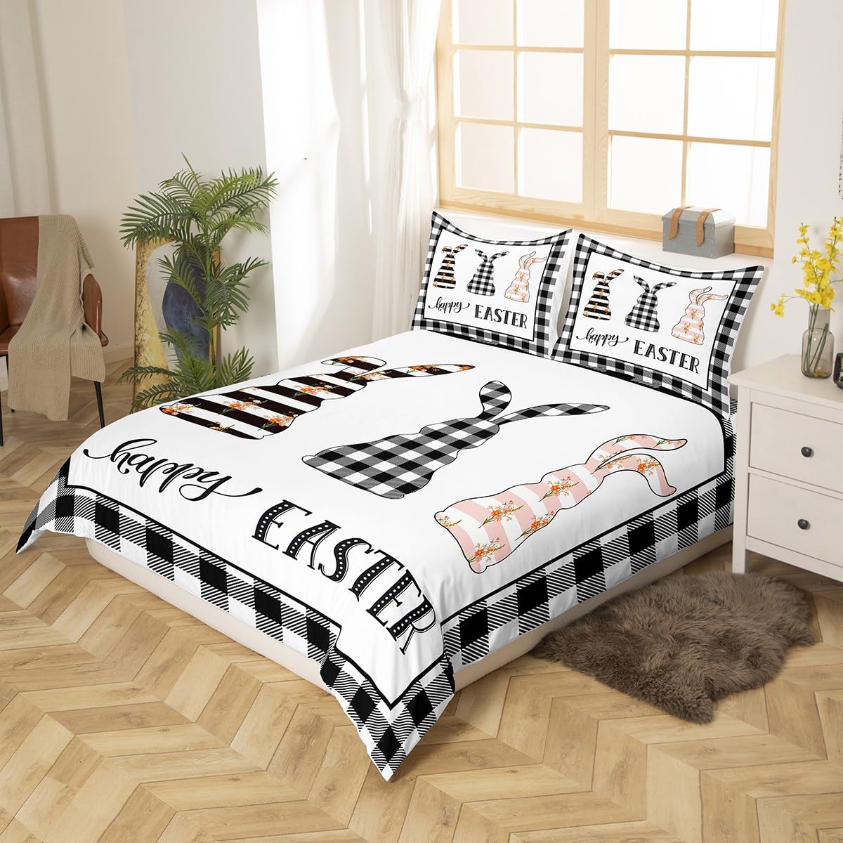 Happy Easter Bedding Set for Girls Boys Kids Cute Bunny Rabbit Comforter Cover Set Floral Flower Duvet Cover Black White Plaid Bedspread Cover 3Pcs King - Image 3