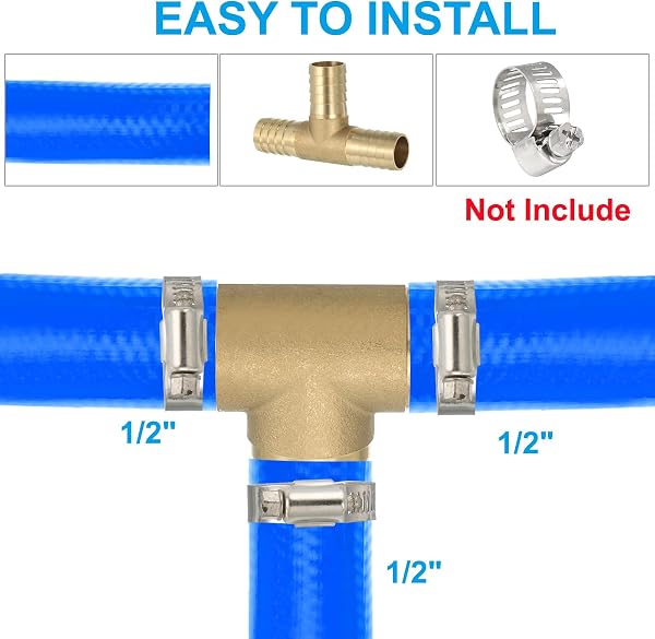 PATIKIL 1/2" Brass Tee Hose Barb Fitting, 3 Ways Union Intersection T Shape Barbed Split for Air Water Fuel Gas Liquid, Golden - 5