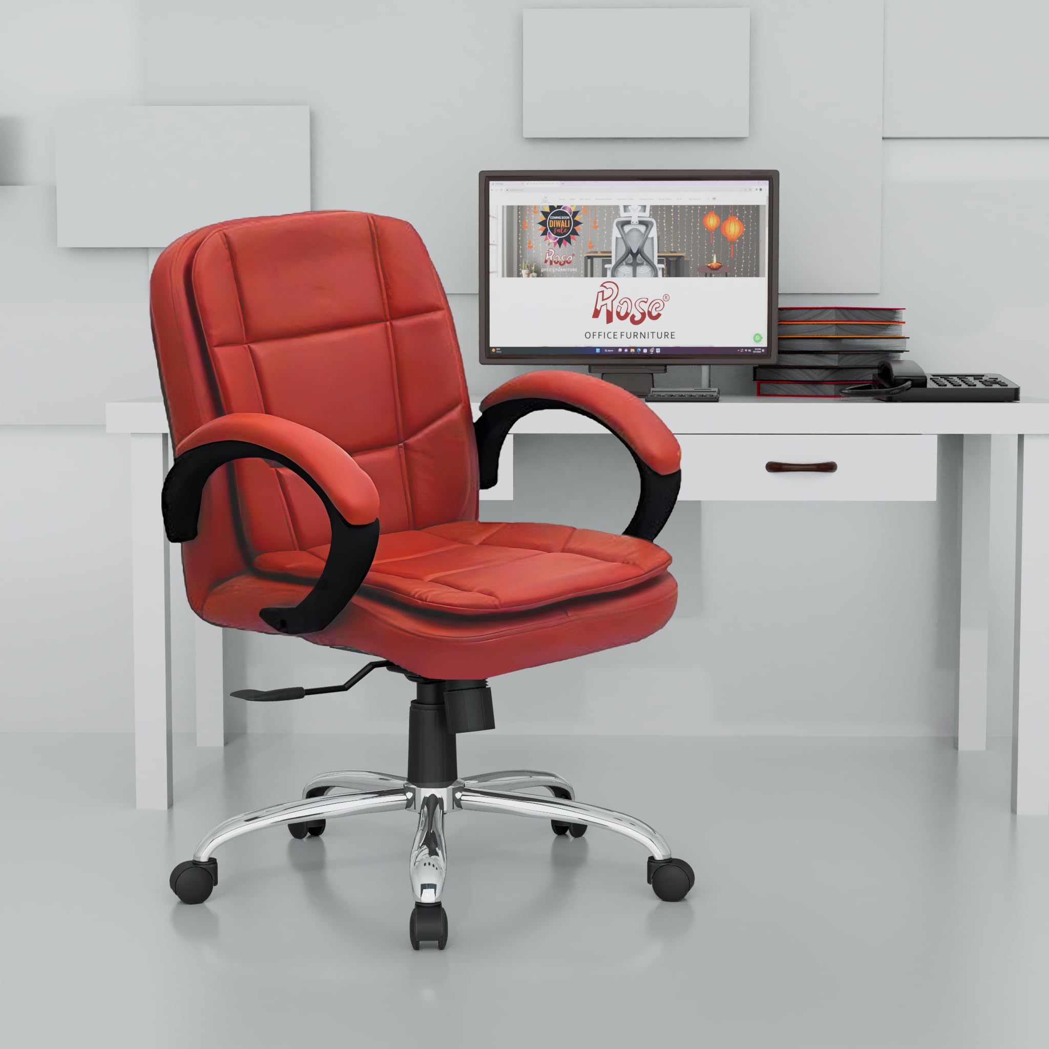 ROSE® Oliveya Leatherette Executive Mid Back Revolving Office Chair with Integrated Lumbar Support, Comfortable Leather Seating for Manager, Desk, and Work Use, 1 Year Warranty (Butterscotch)