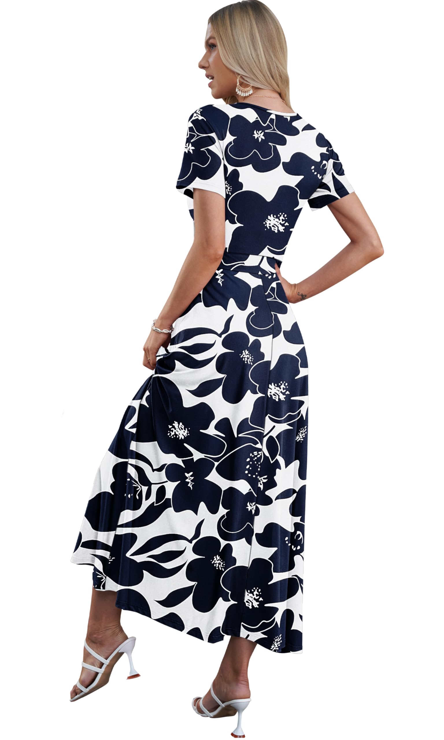 AUSELILY Robe Longue Femme Ete Col en V Manches Courtes Robe Femme Chic et Elegant Taille Haute Ligne A Cocktail Robes avec Poches