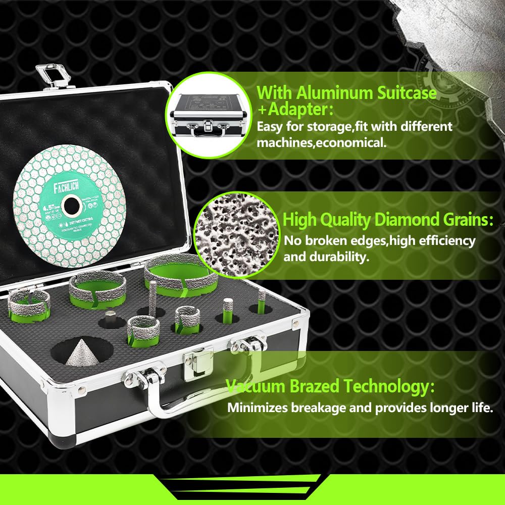 Punte Diamantate Gres Porcellanato - (6/8/20/25/35/50/68mm+6-25mm Fresa+50mm Punte Smusso+Adattatore)+115mm Disco Diamantate per Piastrelle Porcellana Piastrella Granito Marmo