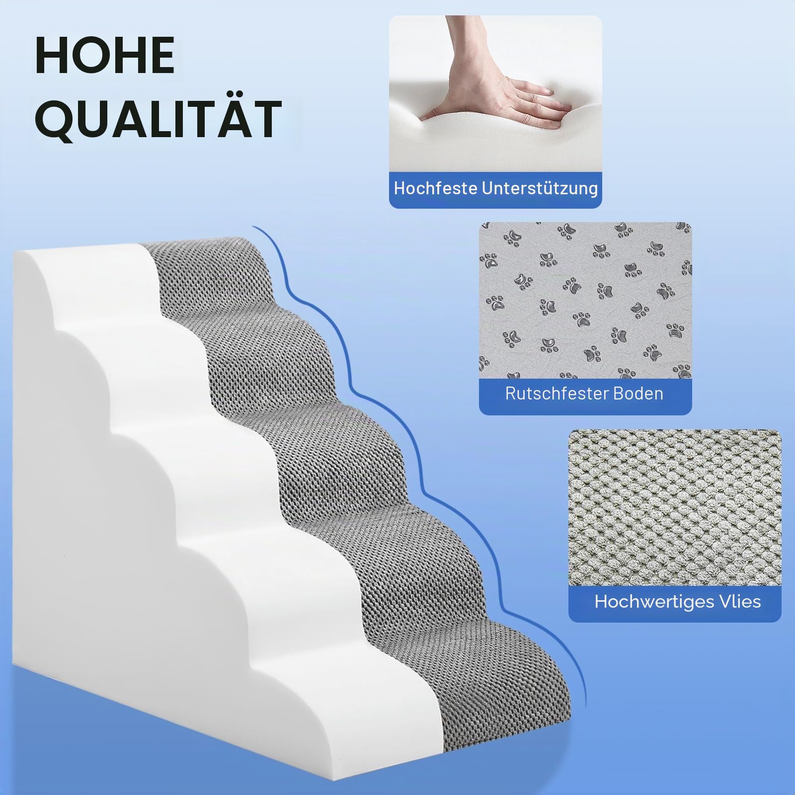 Hundetreppe für Bett, 72 cm hoch, 5-stufige Hunderampe, rutschfest, stabile Haustiertreppe für kleine Hunde und Katzen, um auf Hochbett oder Couch zu steigen, Grau