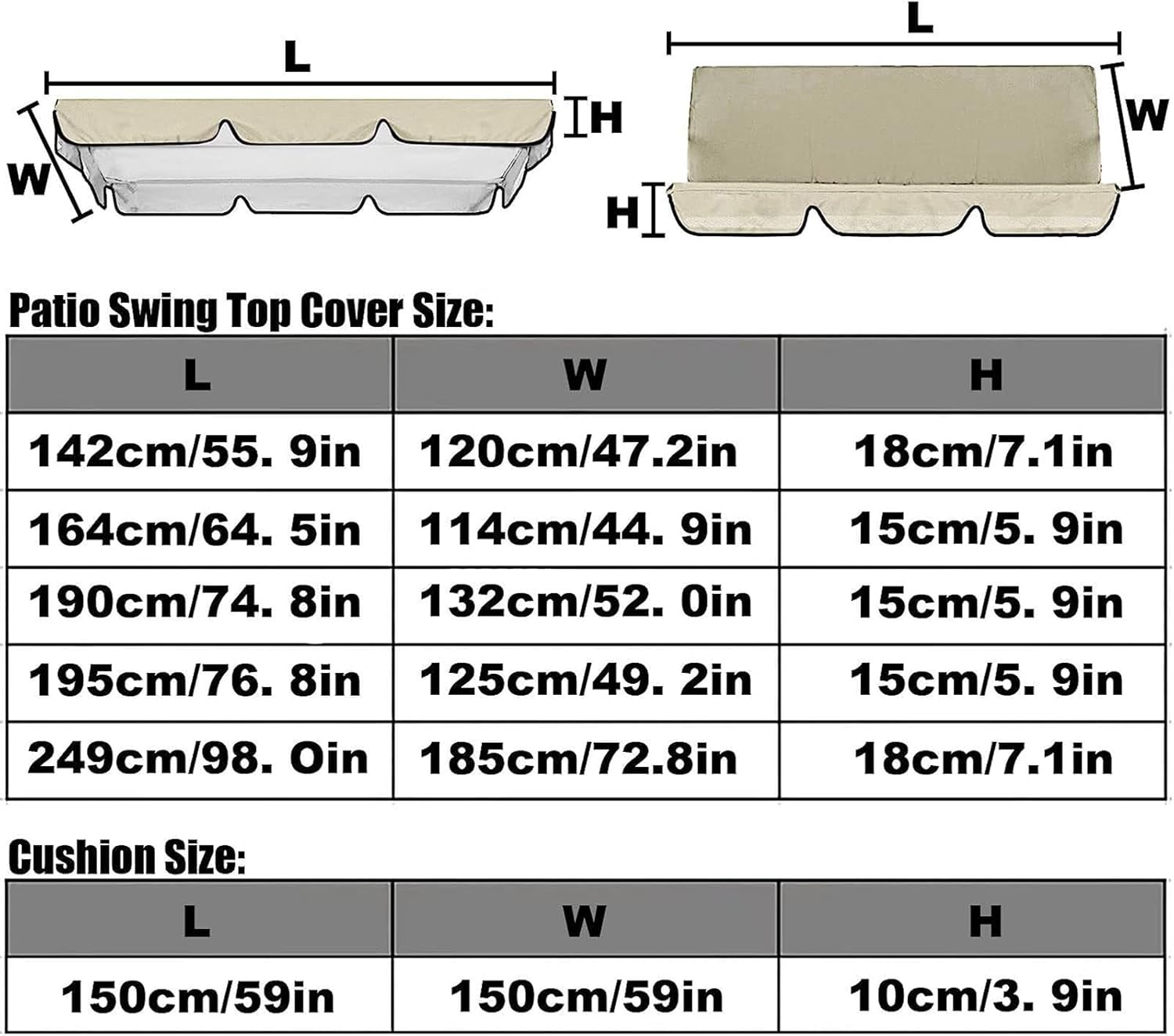 Replacement Canopy and Swing Cushion Cover 64.5x44.8x5.9in, Outdoor Swing Canopy Replacement Cover Set, Canopy Top Cover and Chair Seat Cover for Swing Patio Garden