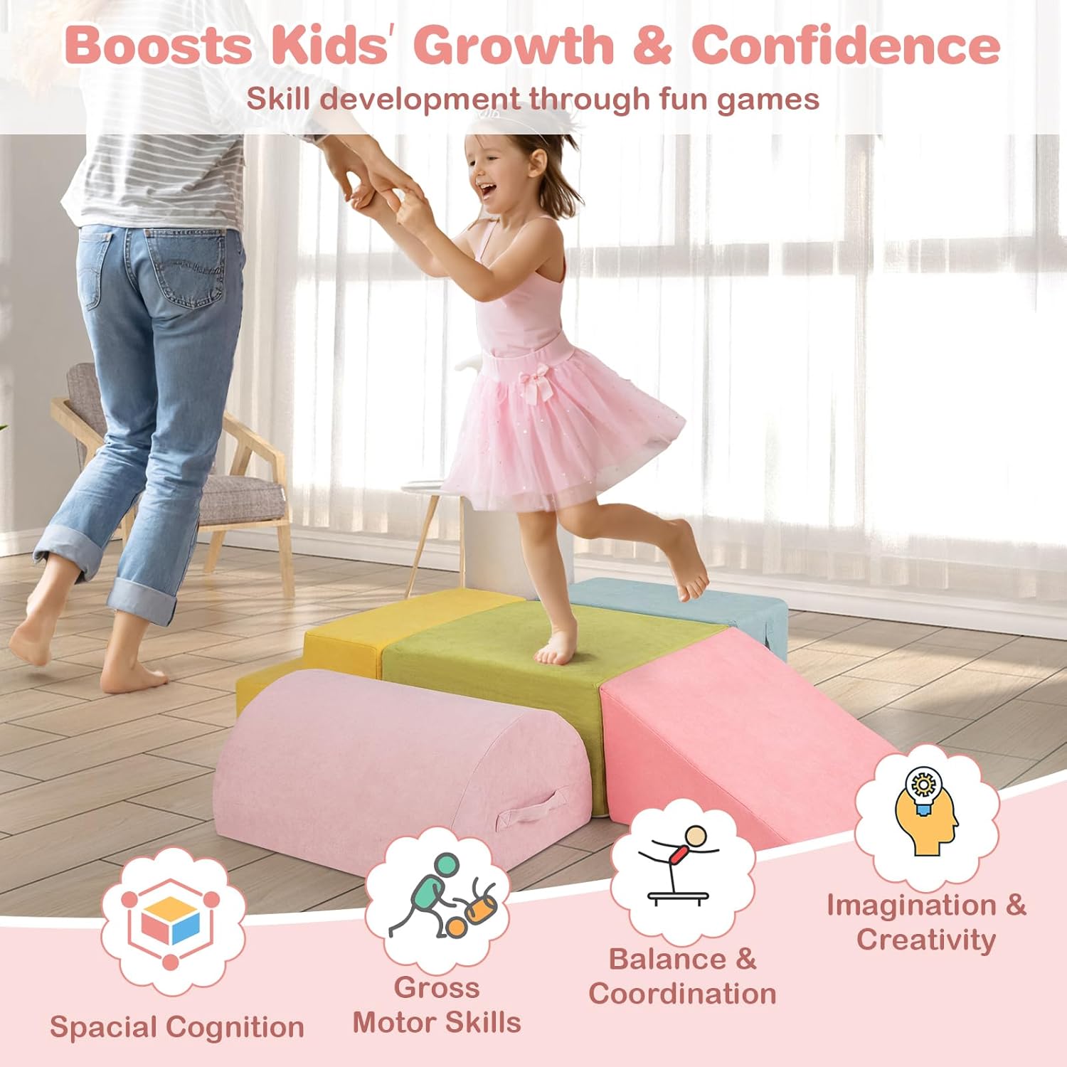 HONEY JOY Toddler Climbing Toys Indoor, 6-Piece Foam Climbing Blocks, Modular Crawling & Sliding Activity Play Set, Baby Gym Equipment Playground, Soft Play Climbing for Toddlers 3+, Gift (Macaron)