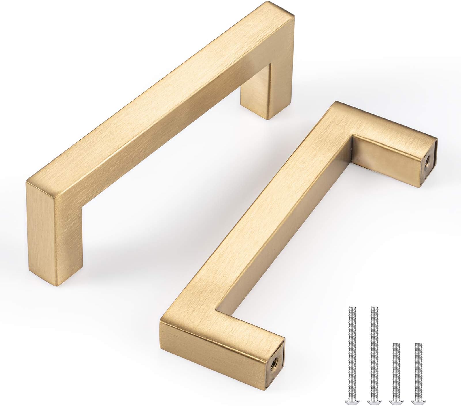 CZC HOME 5 Pack 4.25 Inch Cabinet Pull Stainless Steel Drawer Pulls Cabinet Square Handles, 3.75" Hole Center Cabinet Knob with 2 Sizes Screws for Cabinet Kitchen Home Decorating Brushed Brass