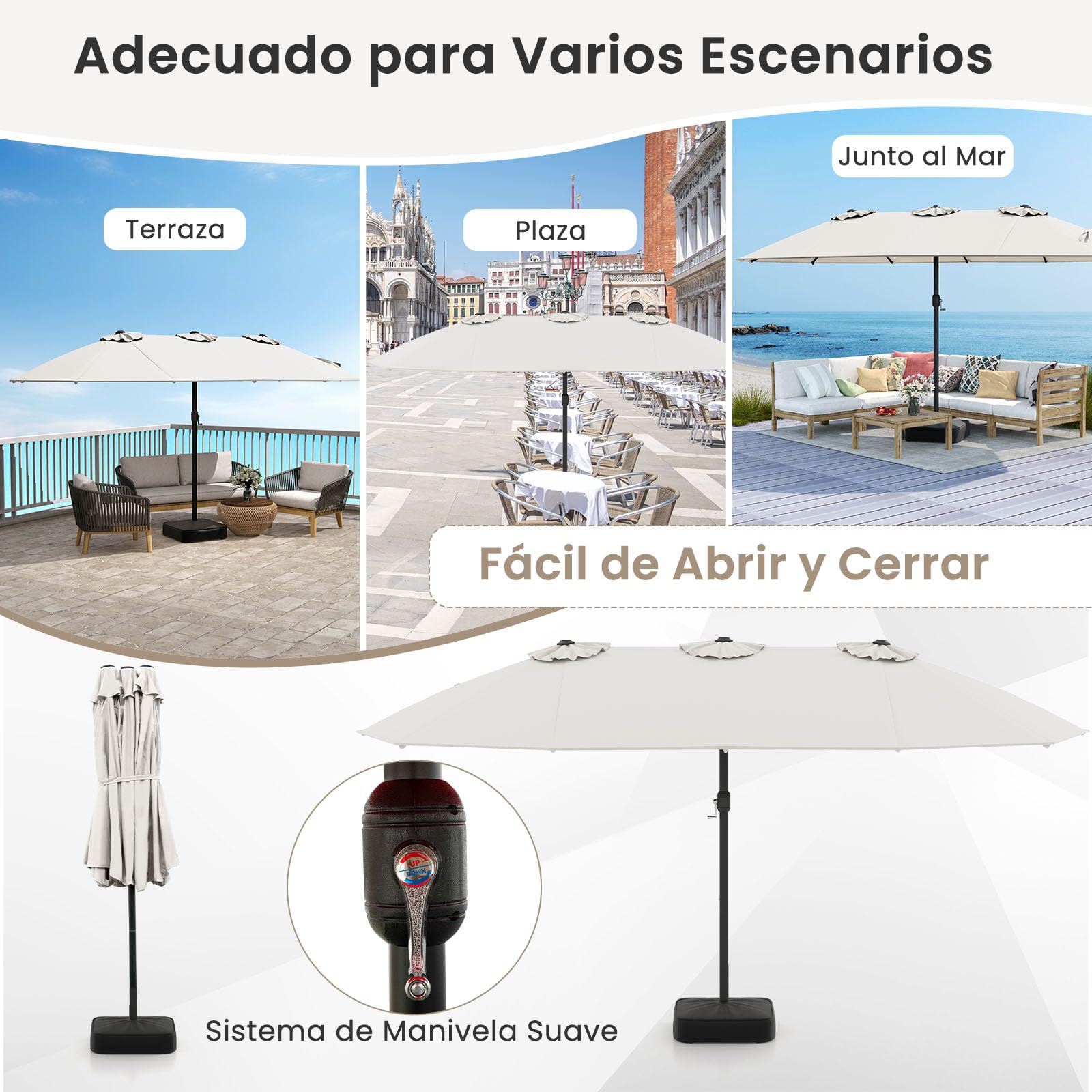 GOPLUS Sombrilla de Jardín con Base, Parasol Doble Plegable 4,6x2,8M con Techo de Protección Solar, 12 Varillas y Sistema de Manivela, Sombrilla Terraza Exterior Impermeable (Beige)