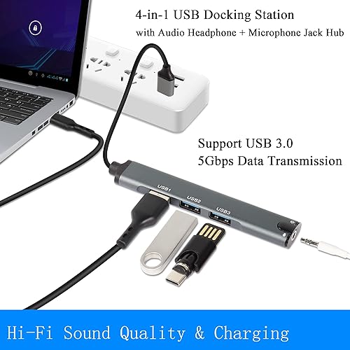 Miniatura 4 de QIANRENON Concentrador USB, estación de acoplamiento USB 4 en 1 con auriculares de audio de 0.138 in + adaptador de concentrador de micrófono USB