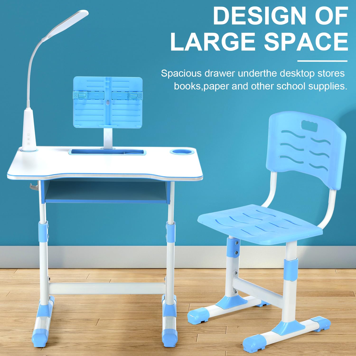 Mesa y Silla Infantil Regulables en Altura, Escritorio para Niños con Cajón, Portavasos,Lámpara LED y Estante para Libros,Silla Ergonómica con Respaldo Curvo, para Estudio y Tareas desde 6 años