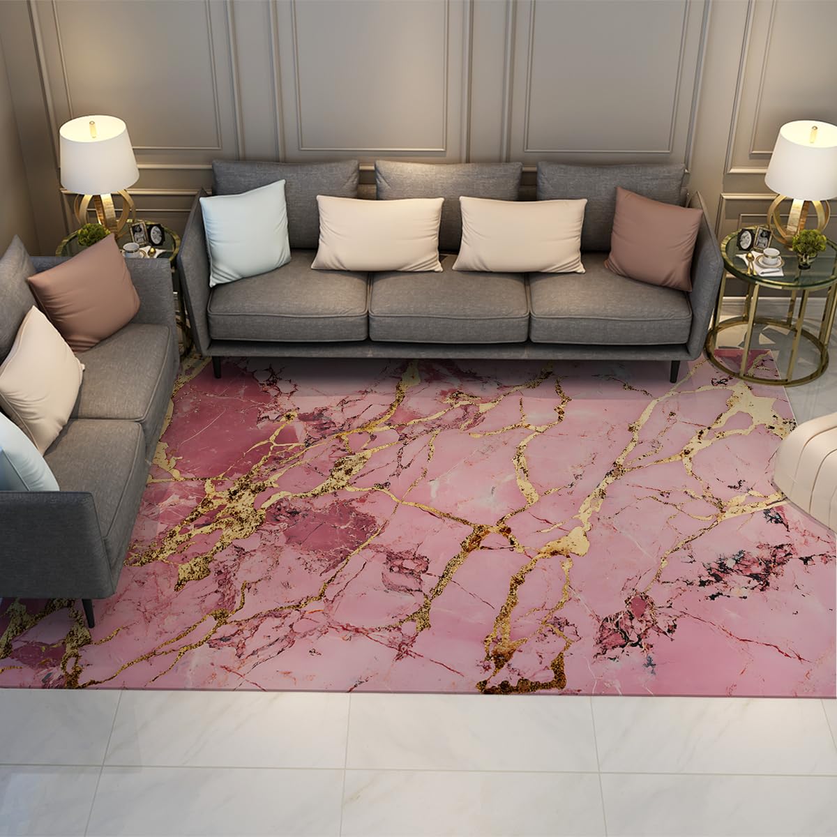 Tapis d'entrée 120x150 lavable or rose à veines dorées