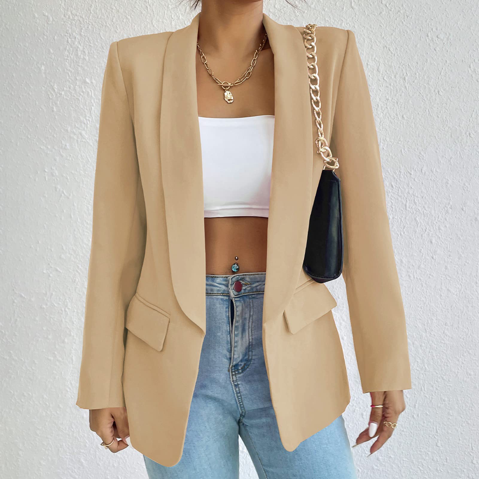 Blazer long décontracté ouvert sur le devant pour femme Veste de travail de bureau avec poches
