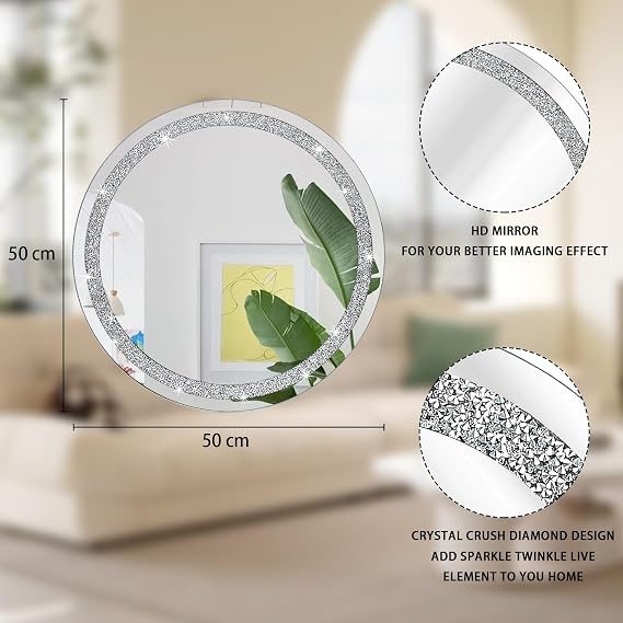 Crush Diamond Wall Mirror Crystal Round Shaped Hanging Mirrors for Wall Decor 50x50cm Frameless Mirror for living Room Bathroom Bedroom Hallway Wall Decorative