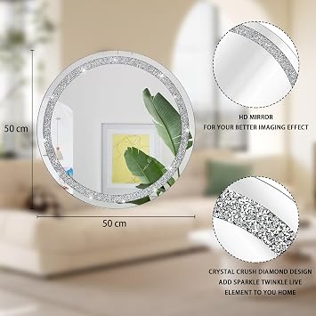 Crush Diamond Wall Mirror Crystal Round Shaped Hanging Mirrors for Wall Decor 50x50cm Frameless Mirror for living Room Bathroom Bedroom Hallway Wall Decorative