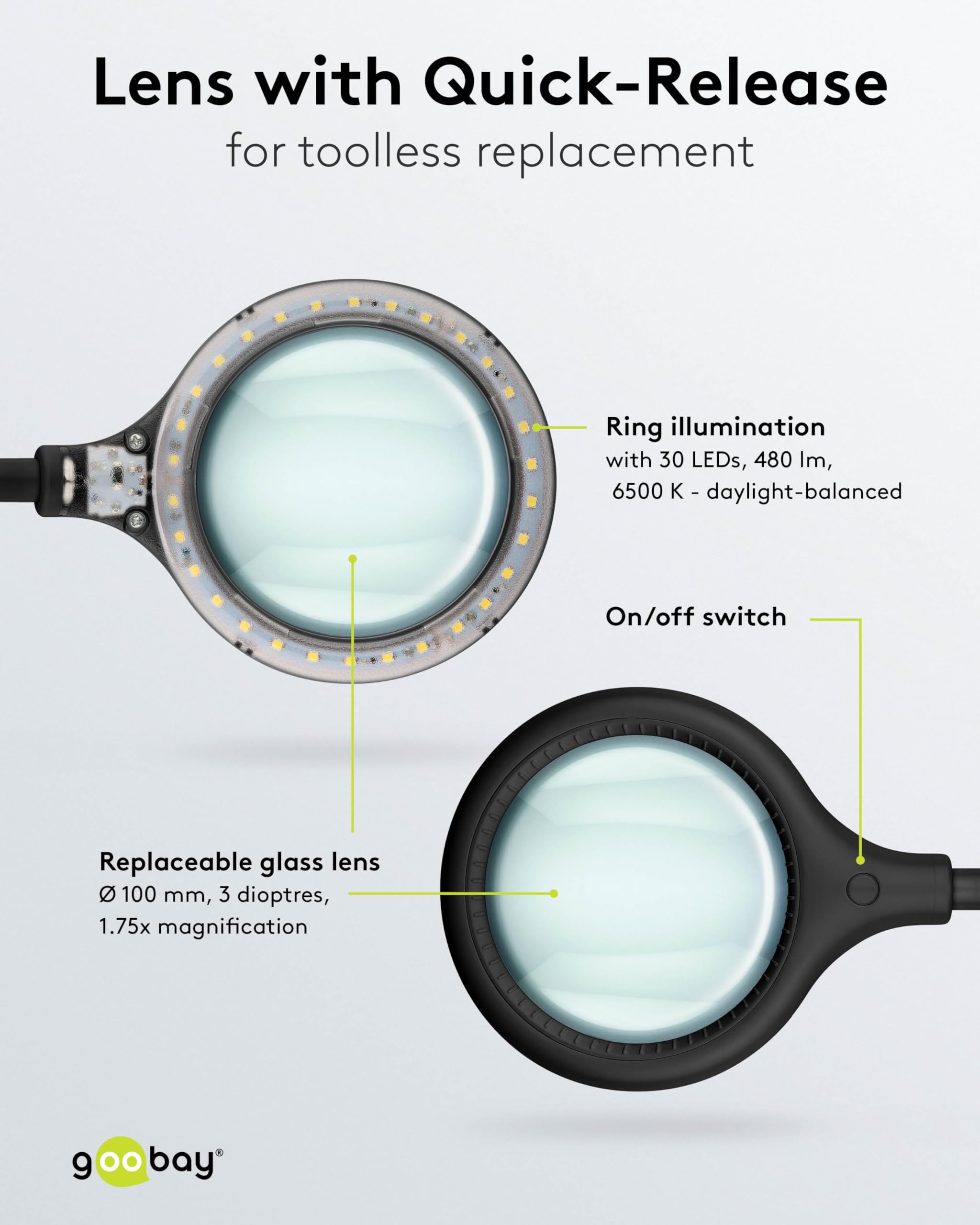 Goobay 65577 LED Lupenleuchte mit Klemme/Lupenlampe aus Plastik / 6 W Leistungsaufnahme, Farbtemperatur 6200 K/Lichtstrom 480 lm/Betriebsspannung 230 V (AC) / Schwarz