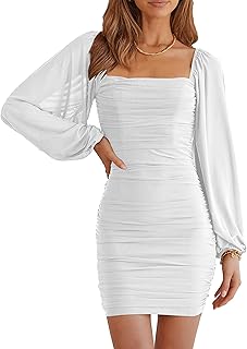 Women Elegant Square Neck Lantern Long Sleeve Mini Ruched Bodycon Dress Stretch Mesh Slim Party Cocktail Dresses - Buy now
