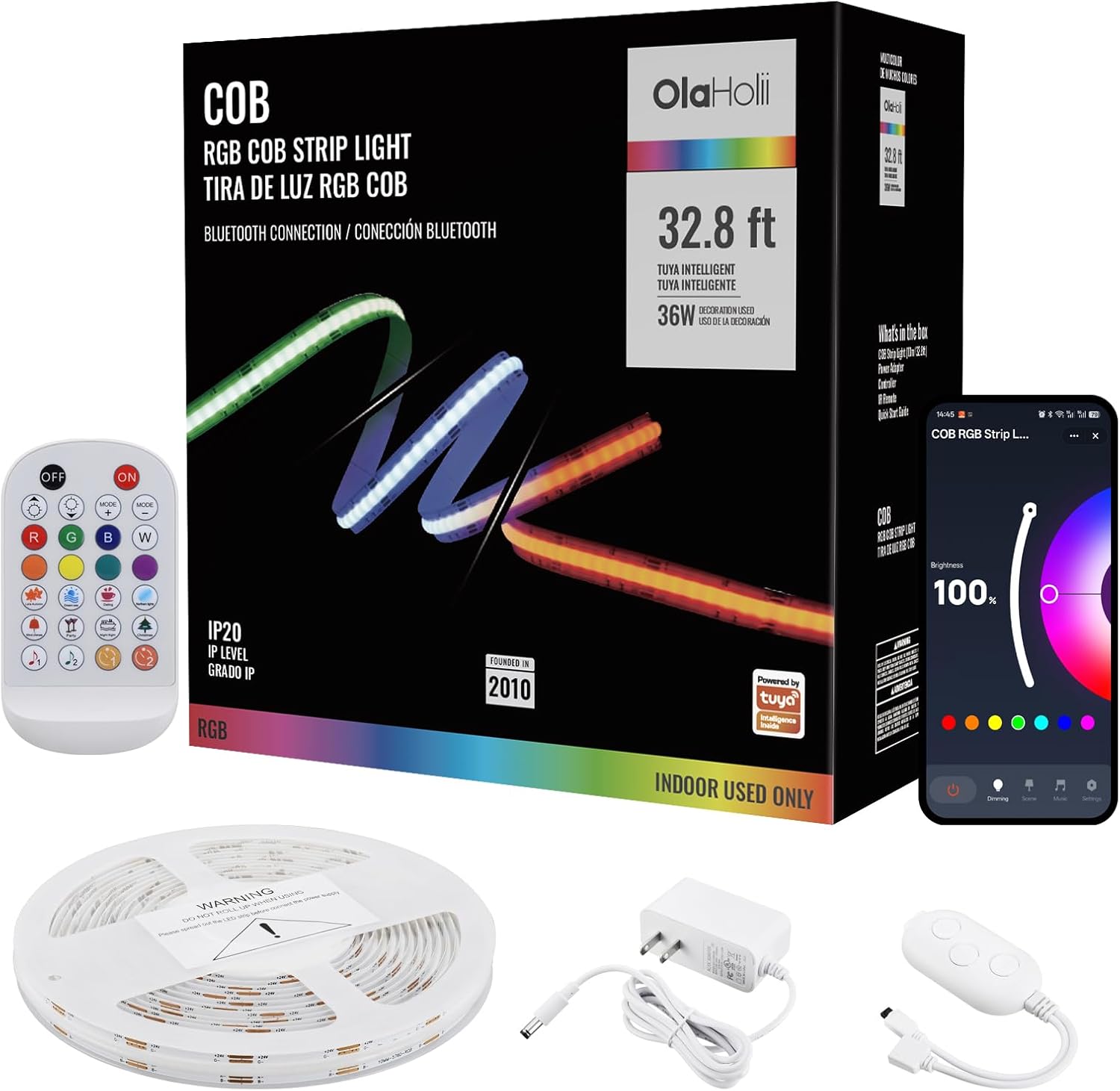 32.8ft Bluetooth RGB COB Strip Light with App, Color Changing, Music Sync COB Led Strip Light, Bright Flexible Multicolor Led Tape Light for Kitchen, Room, Party Decoration