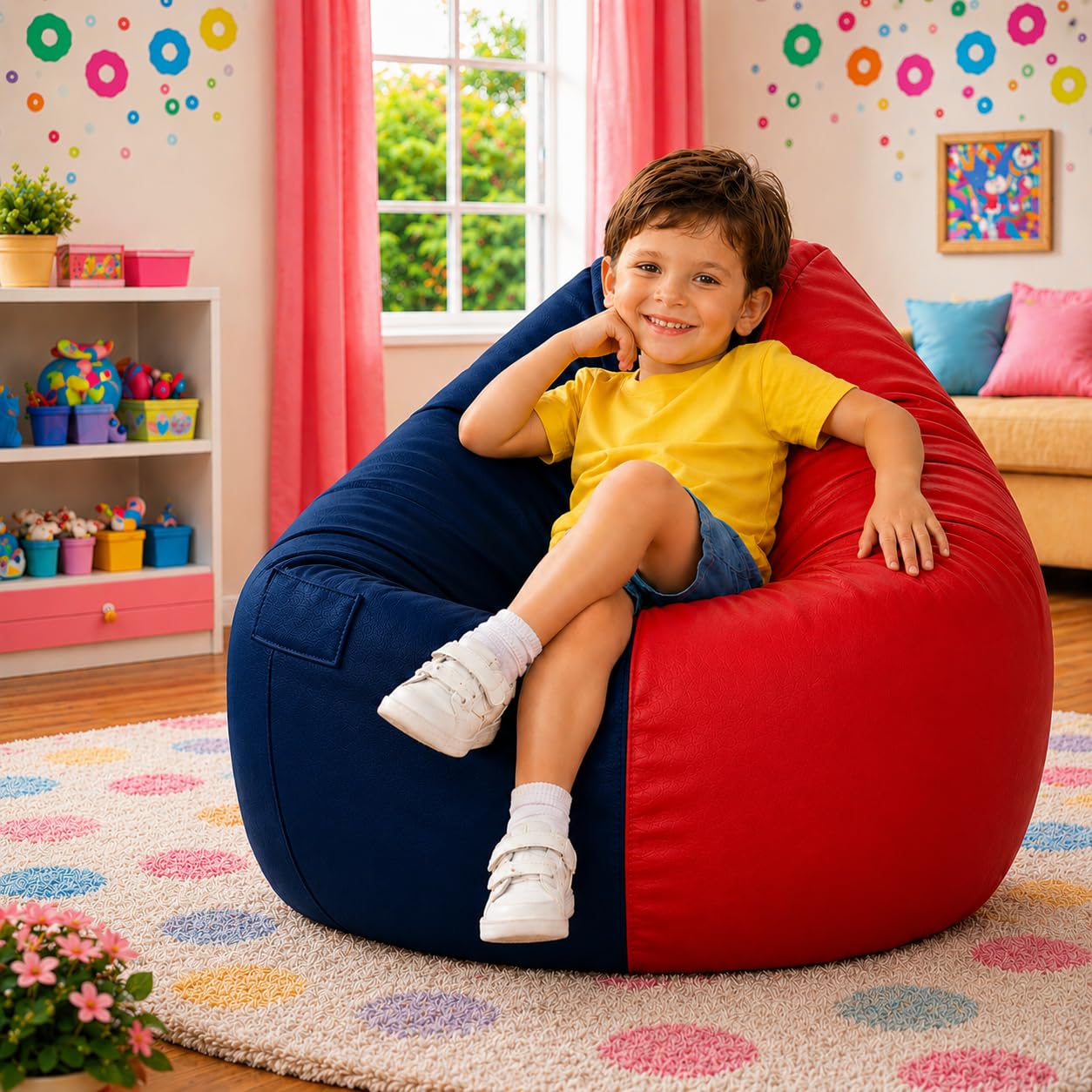 Kids Teardrop Bean Bag Cover Only with Side Pocket | Premium Leatherette Bean Bag Chair Cover for Boys & Girls | Soft, Durable & Lightweight Kids Seating Cover | Upto 100 Kg (Red-Navy,XXXL)-picture-24