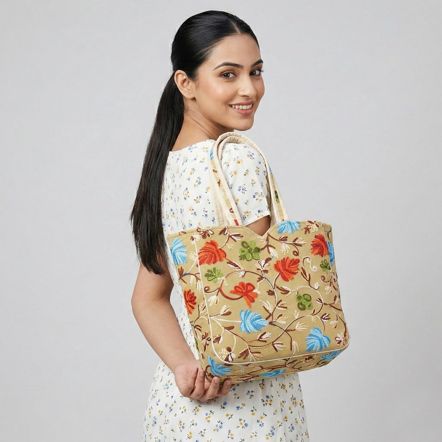 Embroidered Floral Tote Bag for Women, Kashimiri Thread Embrodiery in Multicolor Flowers, Shoulder Handbag For Women