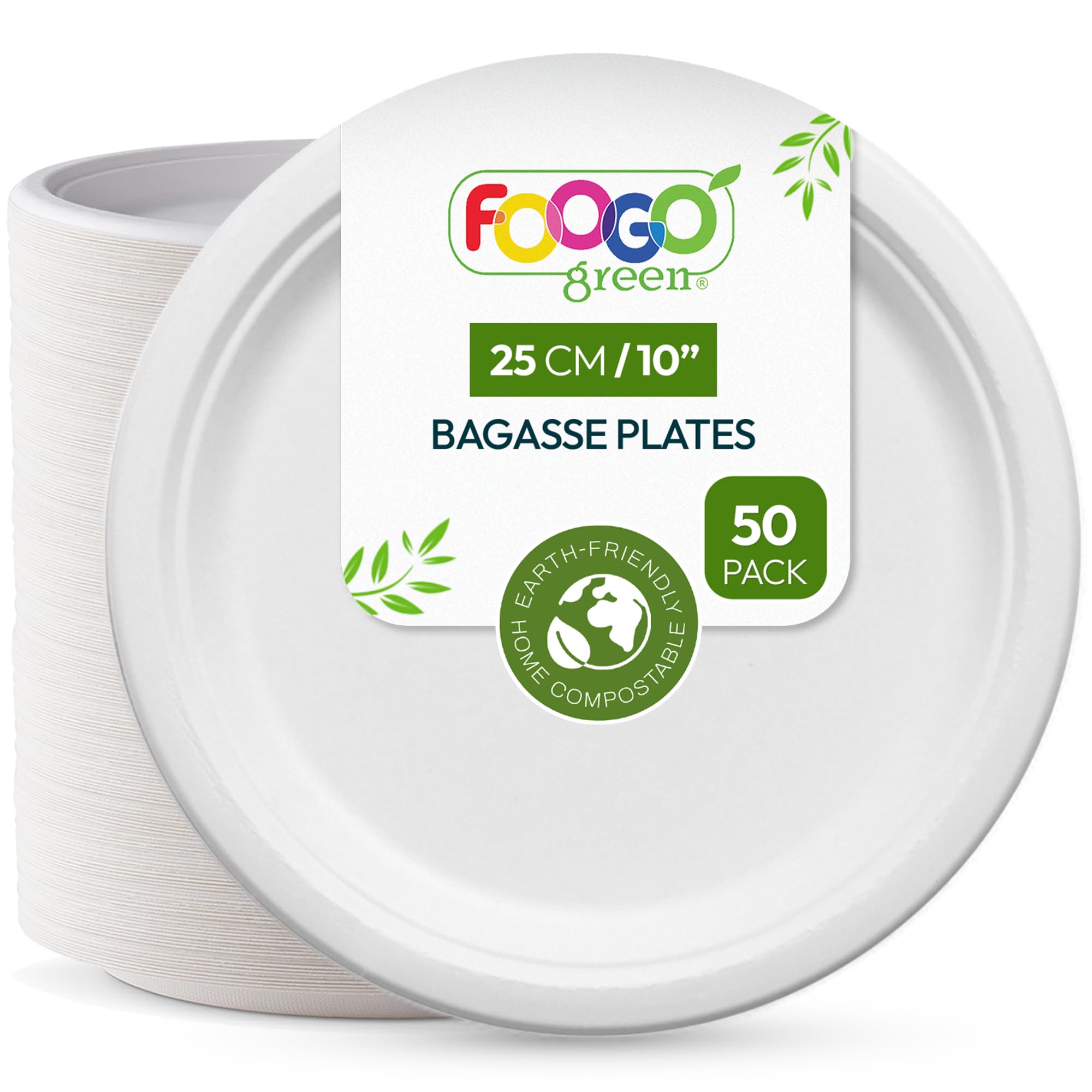 FOOGO Green 50pcs Disposable Sugarcane Bagasse Plates, 10 inch (25 cm), Eco Friendly Biodegradable Compostable, for Picnic, Party, Large Round Strong Paper Plates