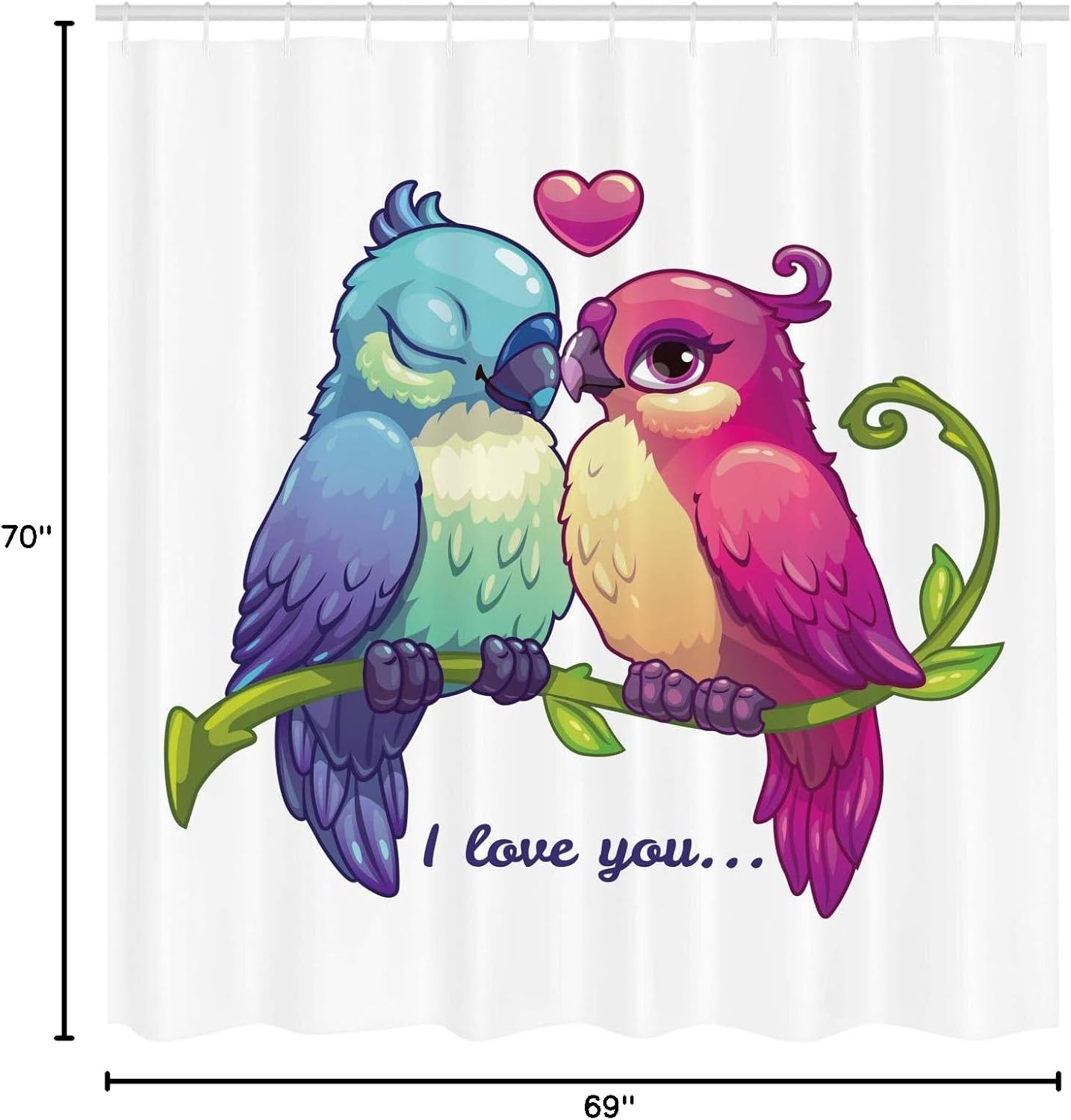 Ambesonne Animal Shower Curtain, Parrot Couple on The Branch with Heart Deep Intimate Mutual Feelings Art, Cloth Fabric Bathroom Decor Set with Hooks, 69" W x 70" L, Pink Teal White