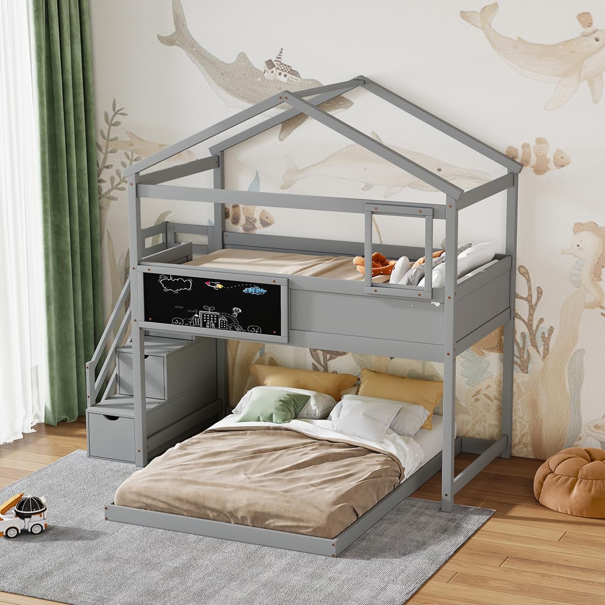 Harper & Bright Designs Twin Over Full House Bunk Bed, Playhouse Bed with Blackboard, Roof and Window for Kids,Wood Bunk Beds with Storage Staircase,Gray