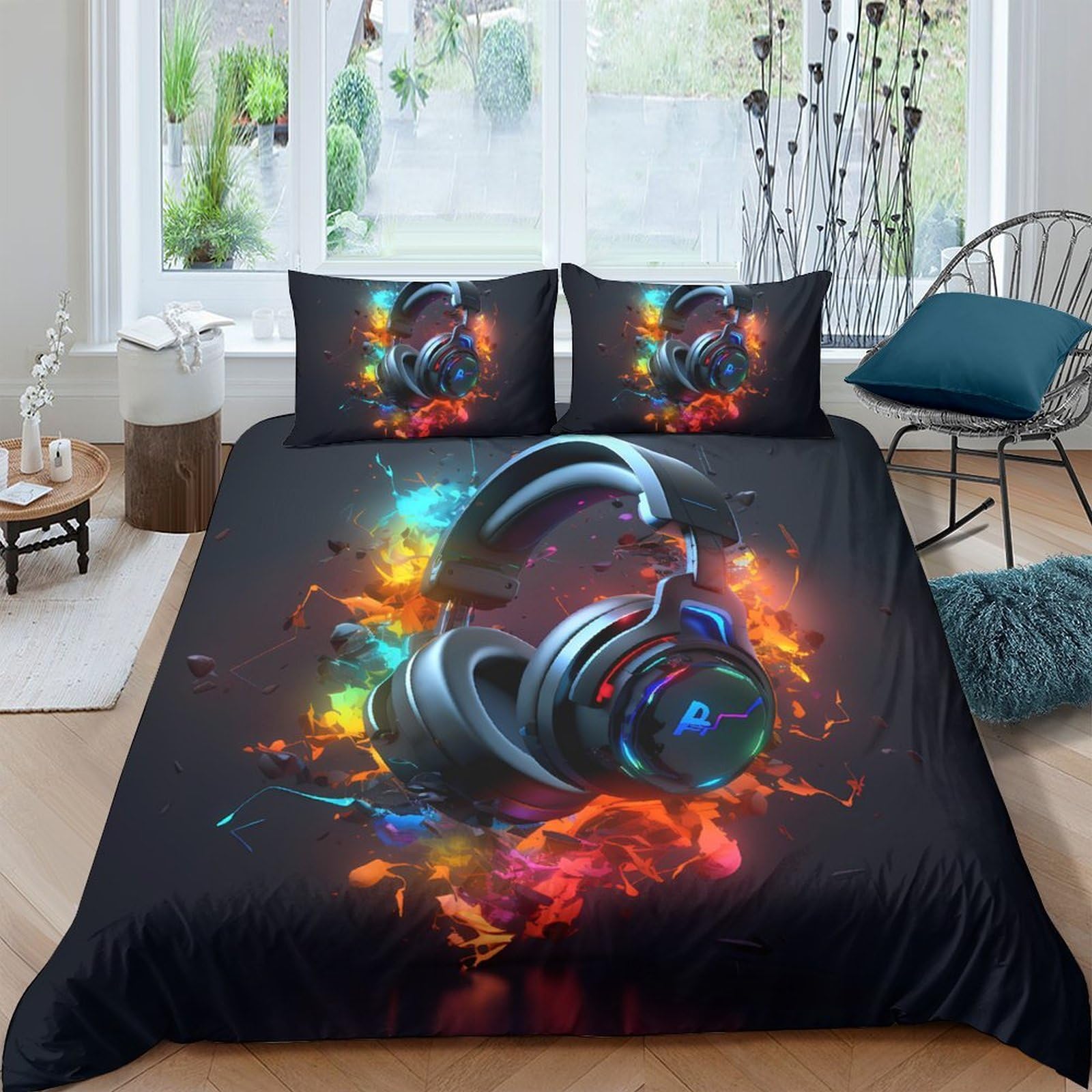 Ctjqhvkz Style-2 3D Printed Headphone Splash Fitted Sheet Microfiber Soft Black Music Bedroom Decor Neon Bed Cover Mattress Protection Single（135X200cm）