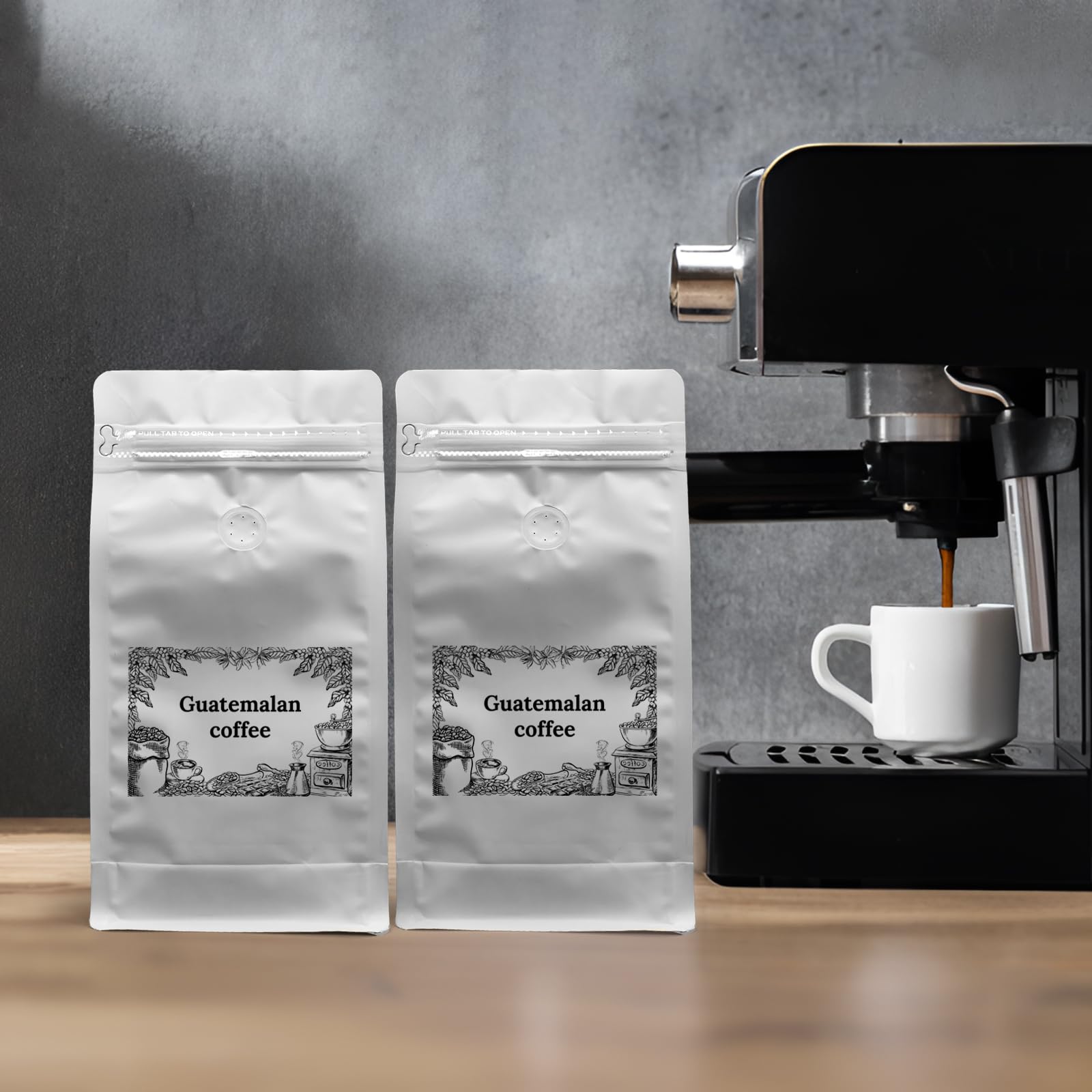 HUAYANG 60 Sacs à Café Alimentaires Standard Blancs avec Valve, Plastique Refermable avec Fermeture éclair